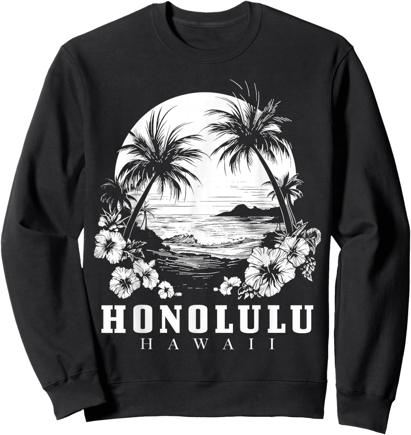 Honolulu Hawaii Hawaiian Hibiscus Flowers Surfer Souvenir Sweatshirt - Sweatshirt | Black