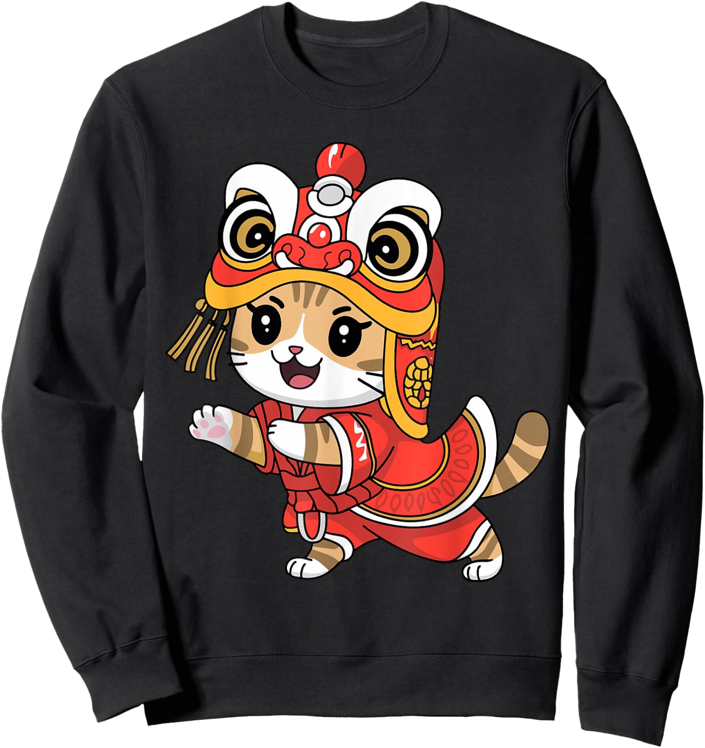 Cute Cat Happy Chinese New Year 2025 Lion Dance Celebration Sweatshirt - Sweatshirt | Black