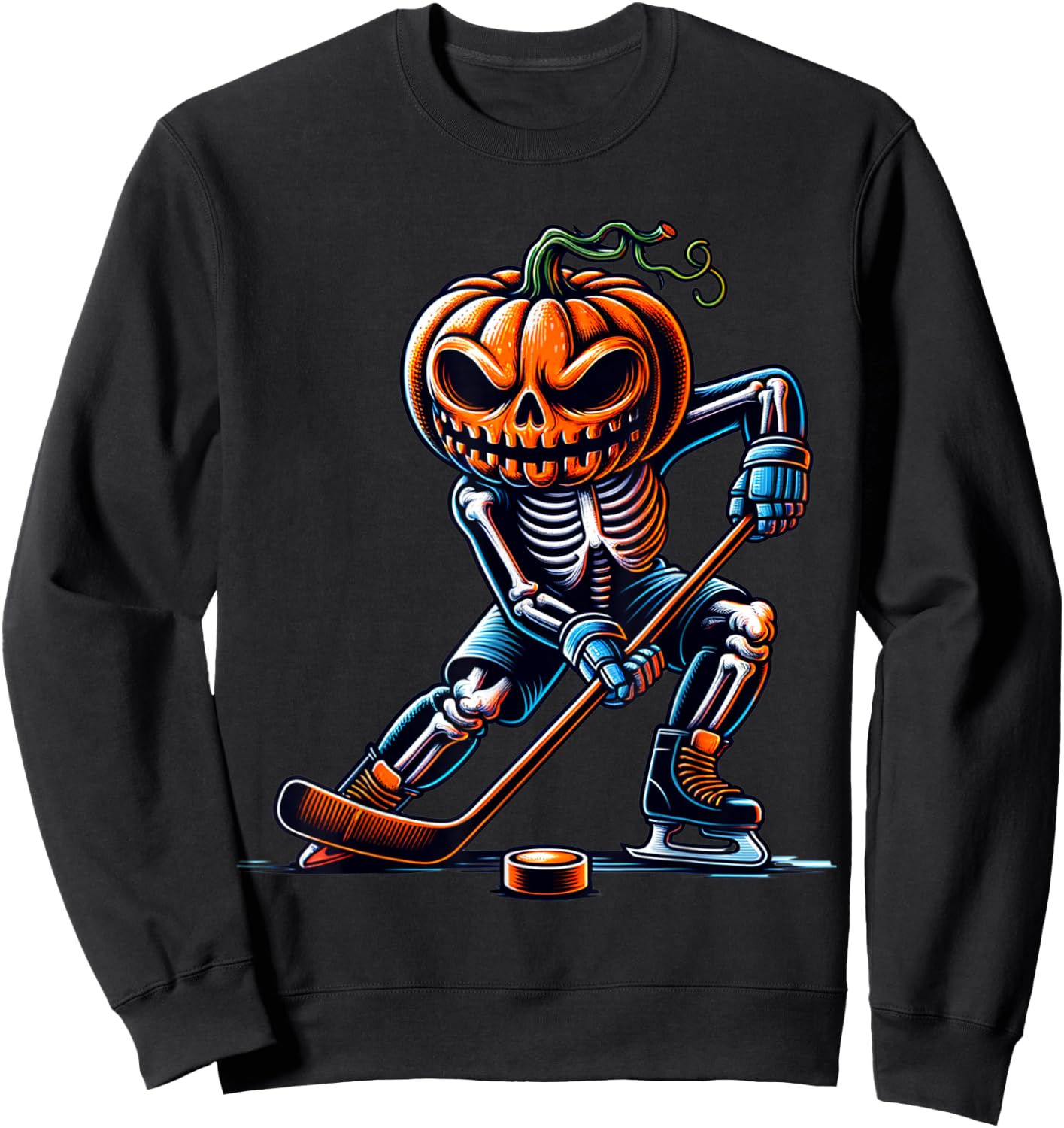 Skeleton Ice Hockey Halloween Pumpkin Hockey Boys Kids Sweatshirt - Sweatshirt | Black
