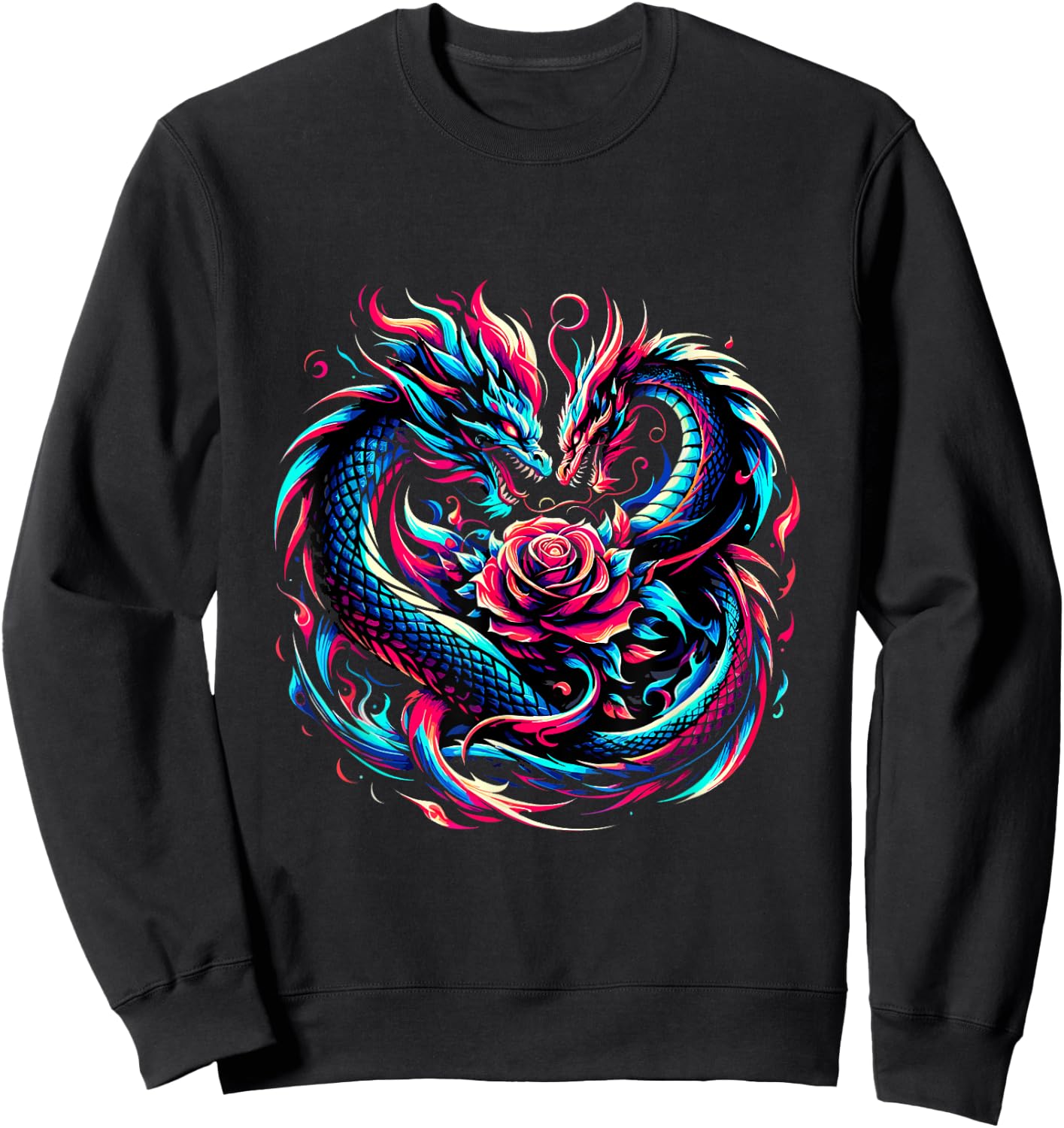 Dragon and Rose Graffiti Fantasy Edgy Art Vector Sweatshirt - Sweatshirt | Black