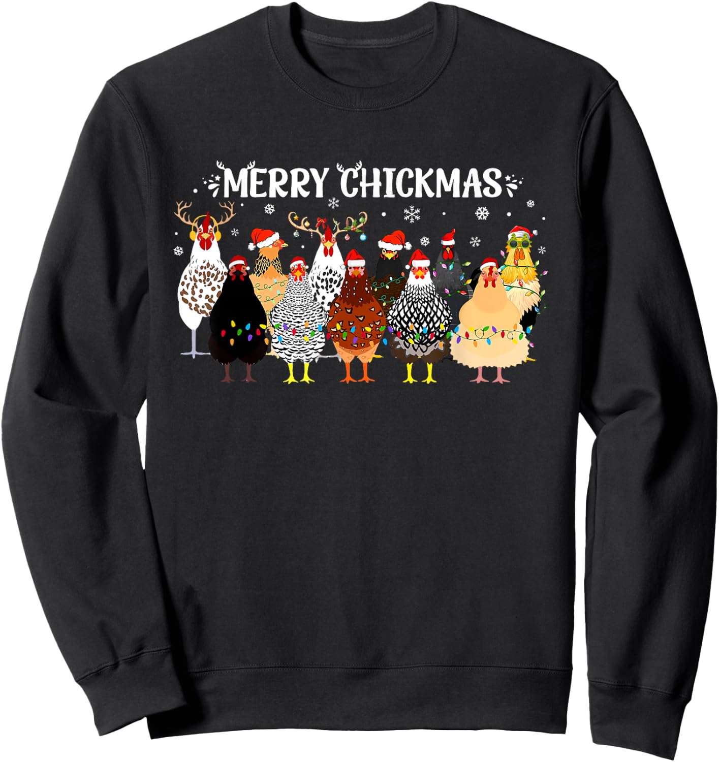 Merry Chickmas Chicken Farmer Santa Hat Xmas Light Women Men Sweatshirt - Sweatshirt | Black