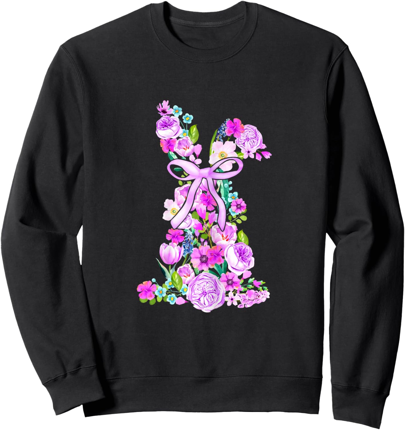 Watercolor Violet Floral Easter Bunny Woment Girls Sweatshirt - Sweatshirt | Black