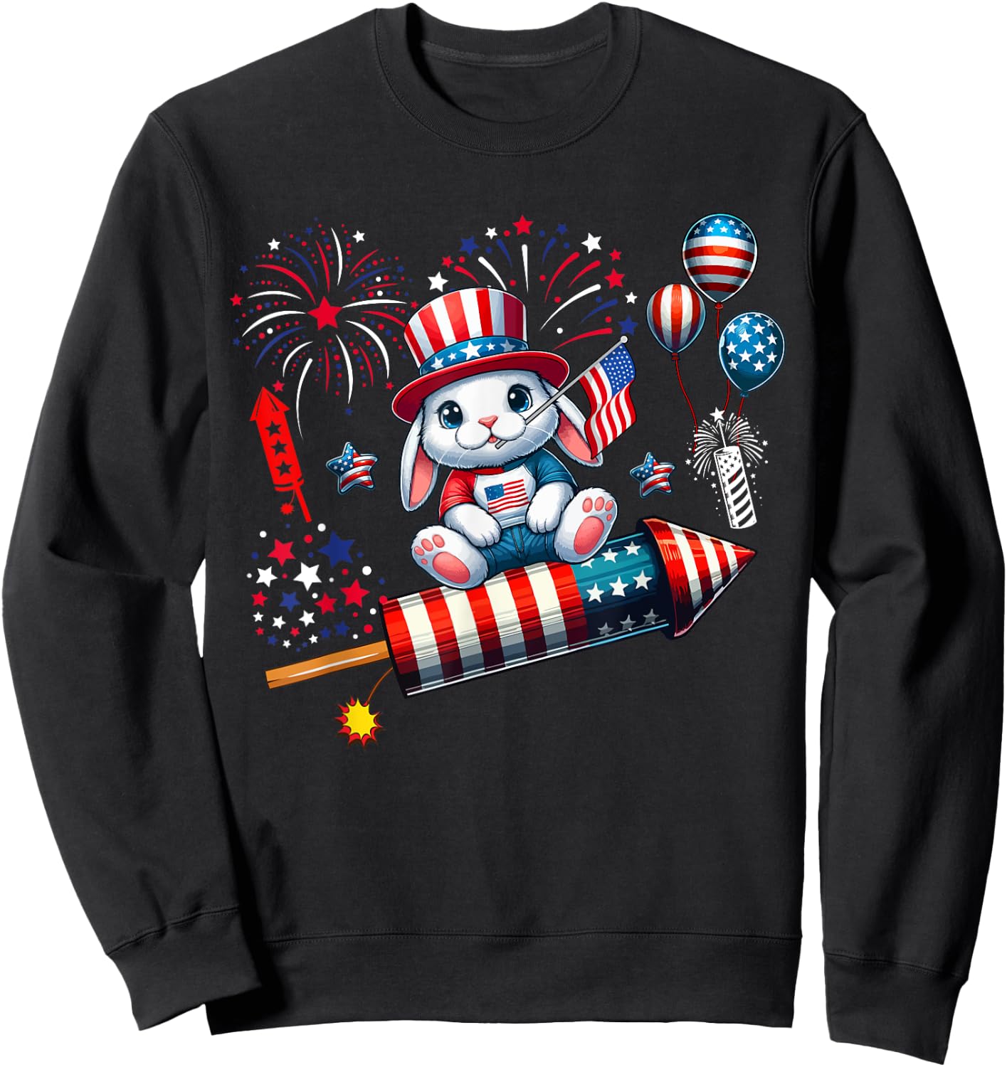 Rabbit Riding Firecracker US Flag 4th Of July Fireworks Women Kids Men Sweatshirt - Sweatshirt | Black