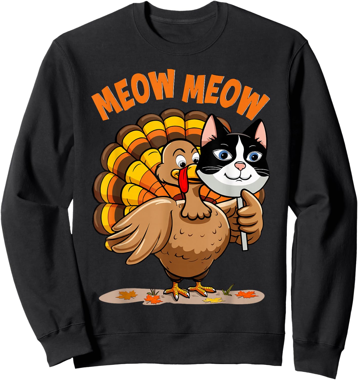 Thanksgiving Cat Funny Fake Cat Meow Thanksgiving Turkey Sweatshirt - Sweatshirt | Black