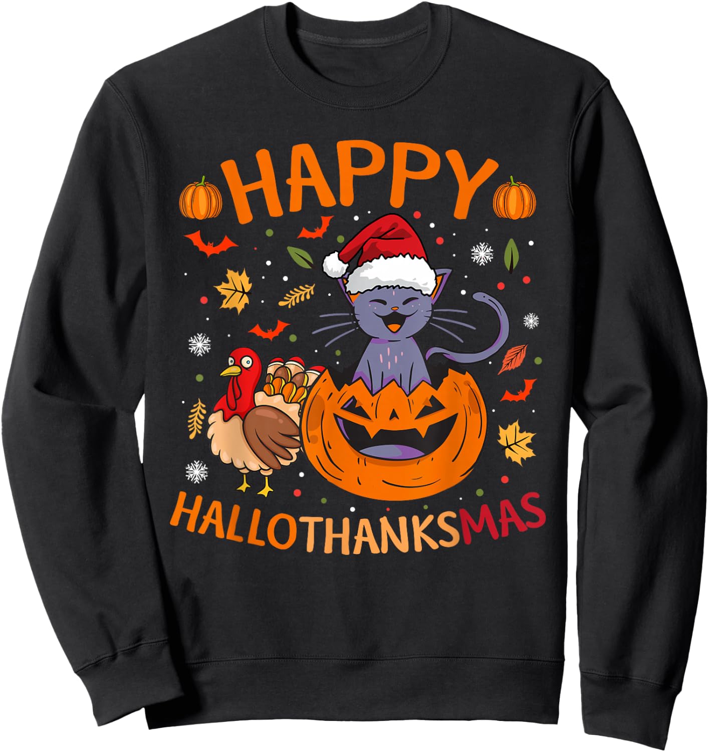 Halloween Thanksgiving Christmas Cat Turkey Hallothanksmas Sweatshirt - Sweatshirt | Black