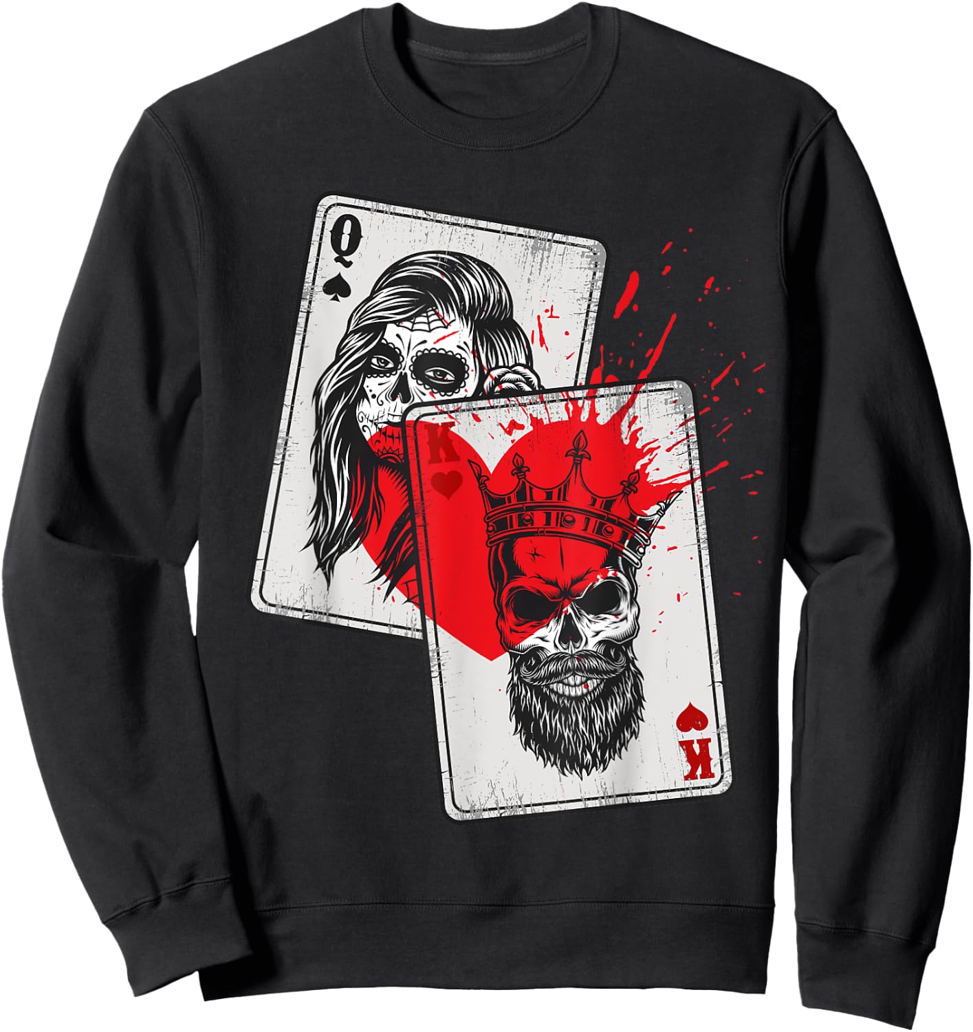 King and Queen Skull and Catrina Playing Cards Couple Sweatshirt - Sweatshirt | Black