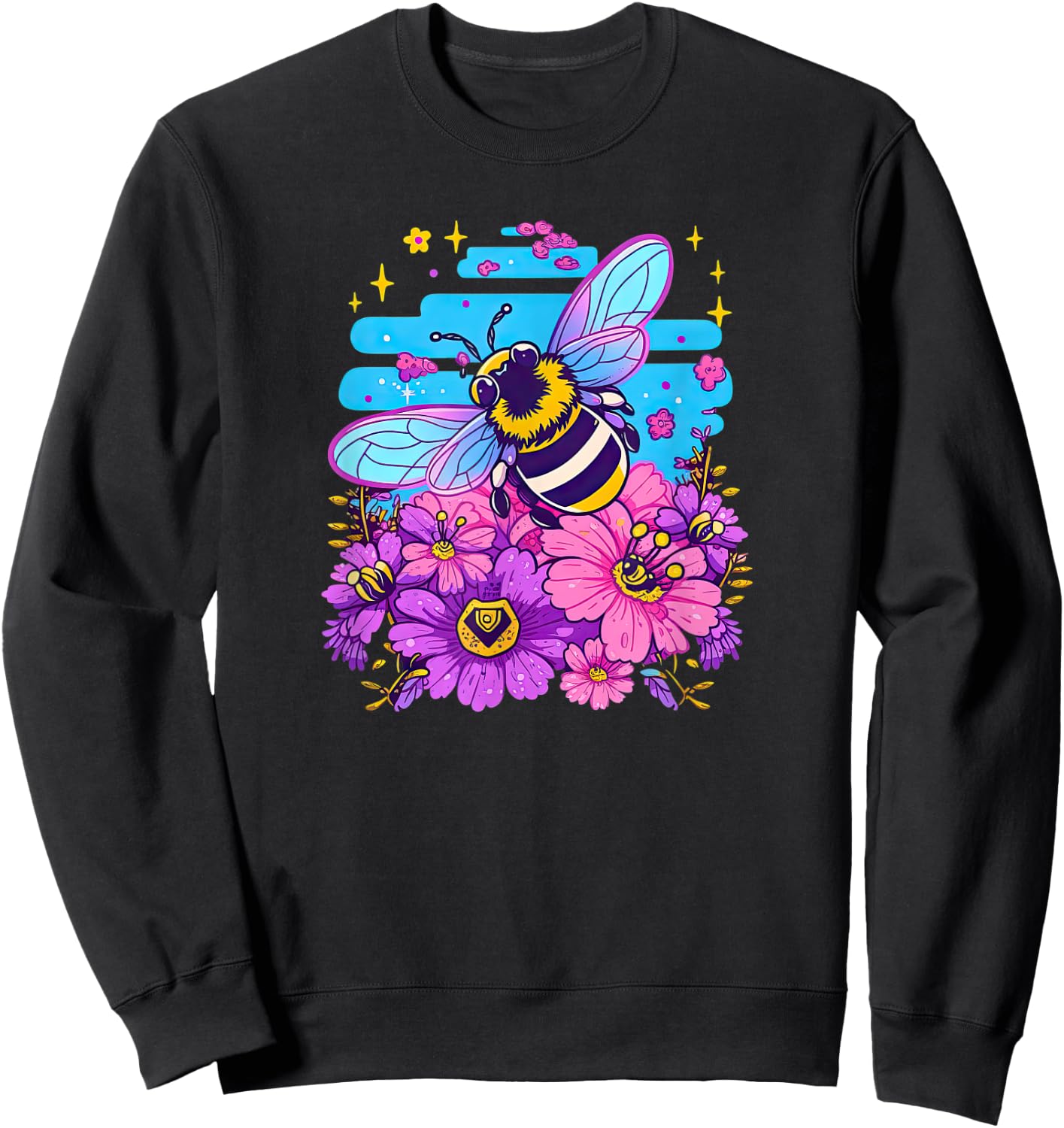 Super Cute Cartoon Bee and Flowers in Bubblegum Synthwave! Sweatshirt - Sweatshirt | Black