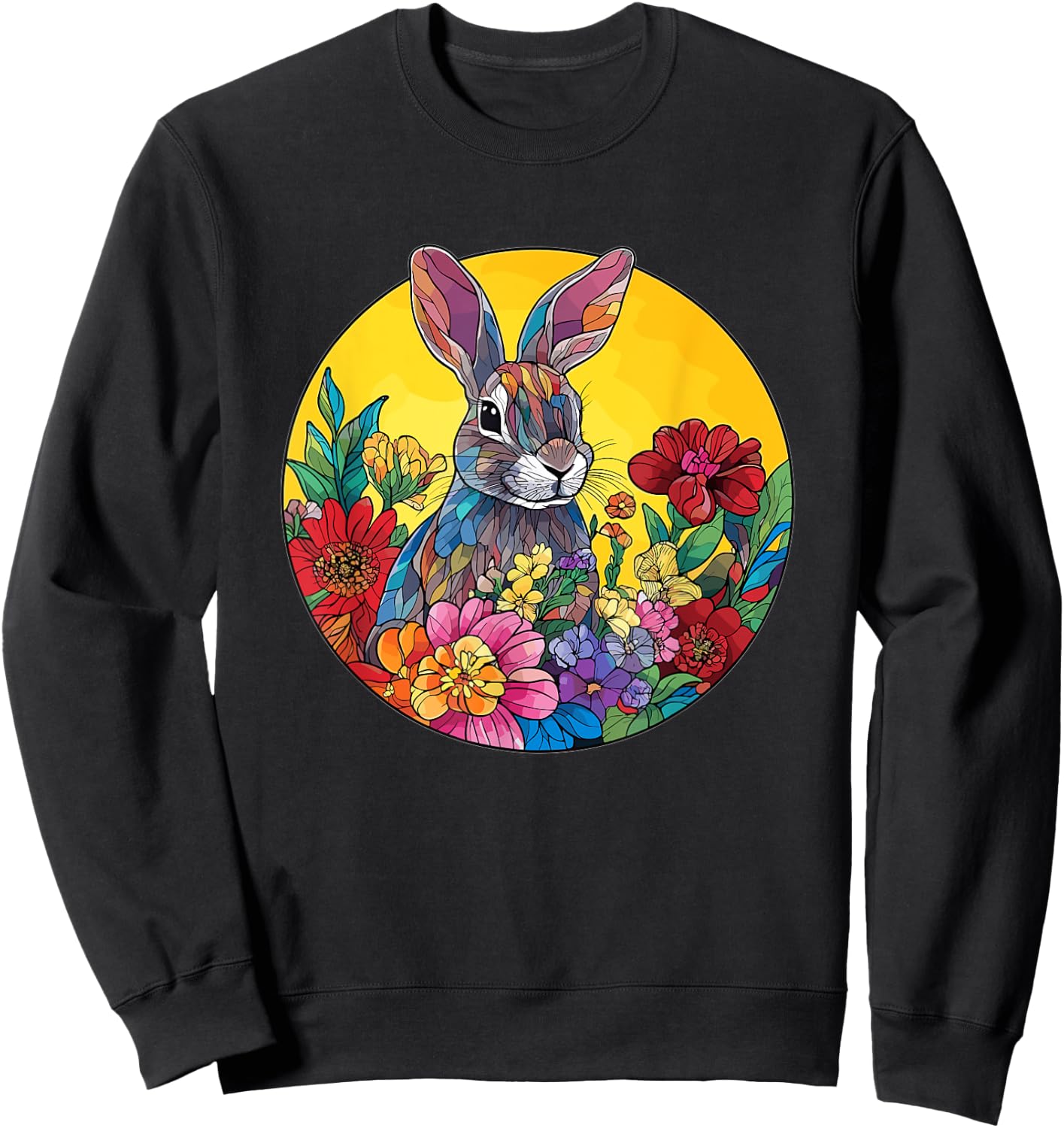 Cute Rabbit Among Flowers Artwork Sweatshirt - Sweatshirt | Black