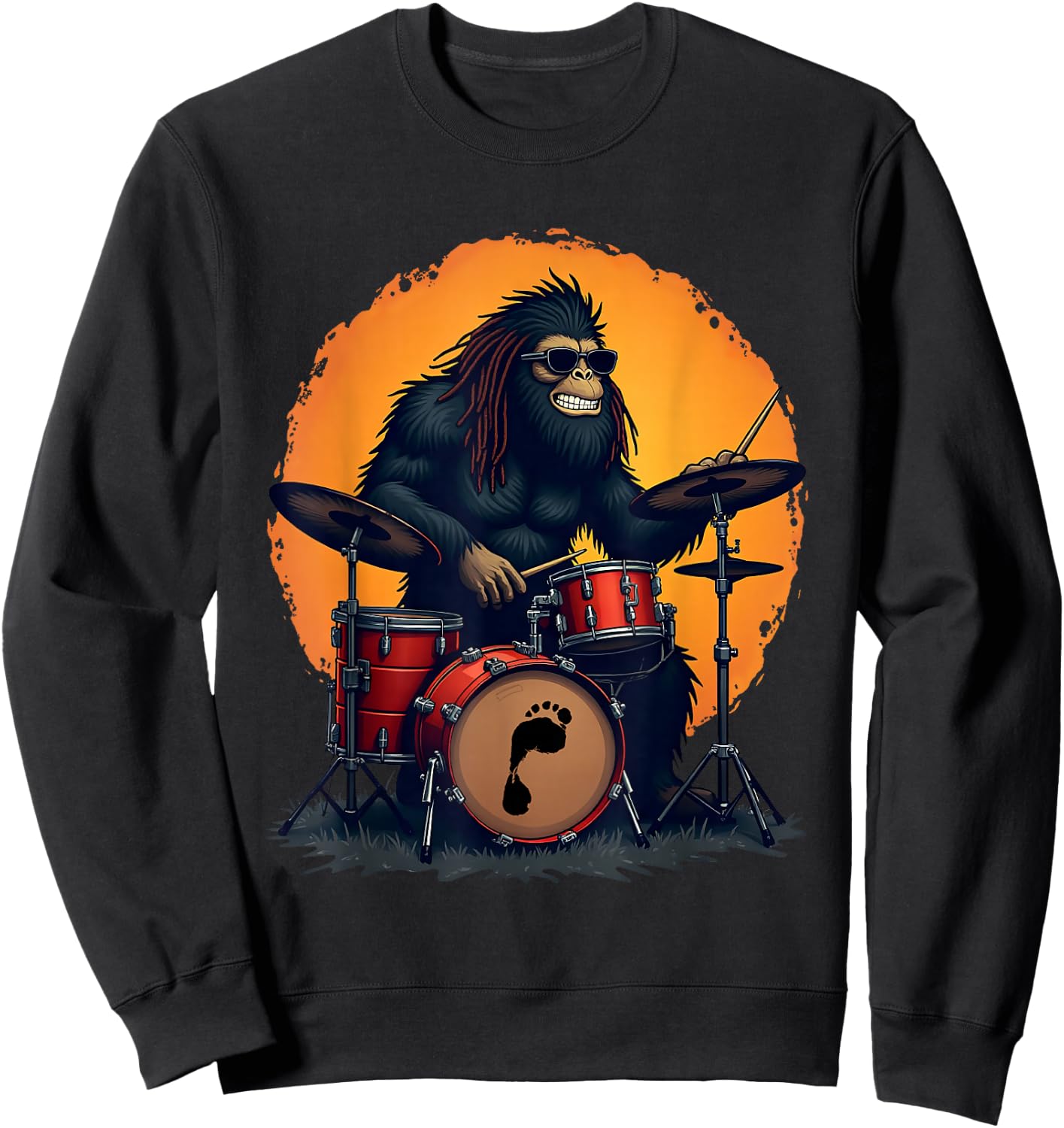 Bigfoot Drum Squad Retro Vintage Sasquatch Playing Drums Sweatshirt - Sweatshirt | Black