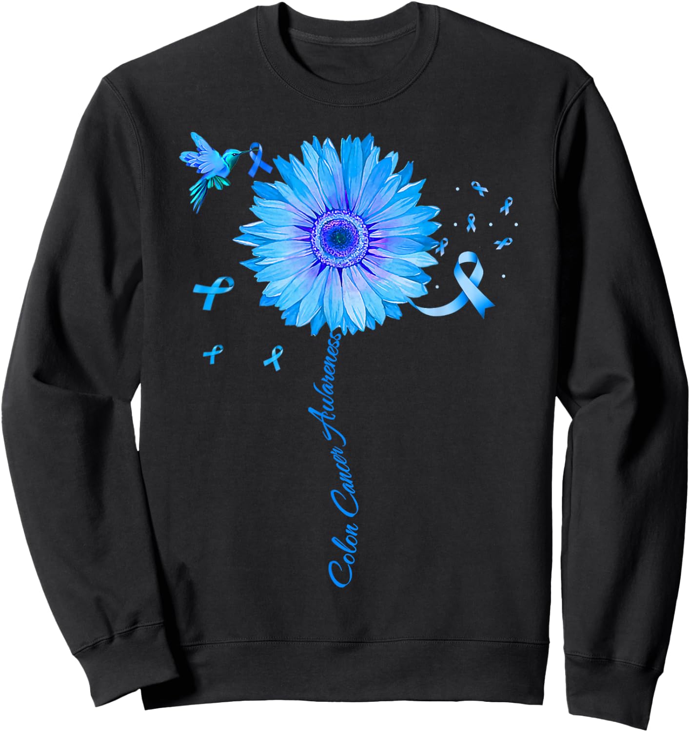 Colon Cancer Awareness Colorectal Blue Ribbon Sunflower Sweatshirt - Sweatshirt | Black