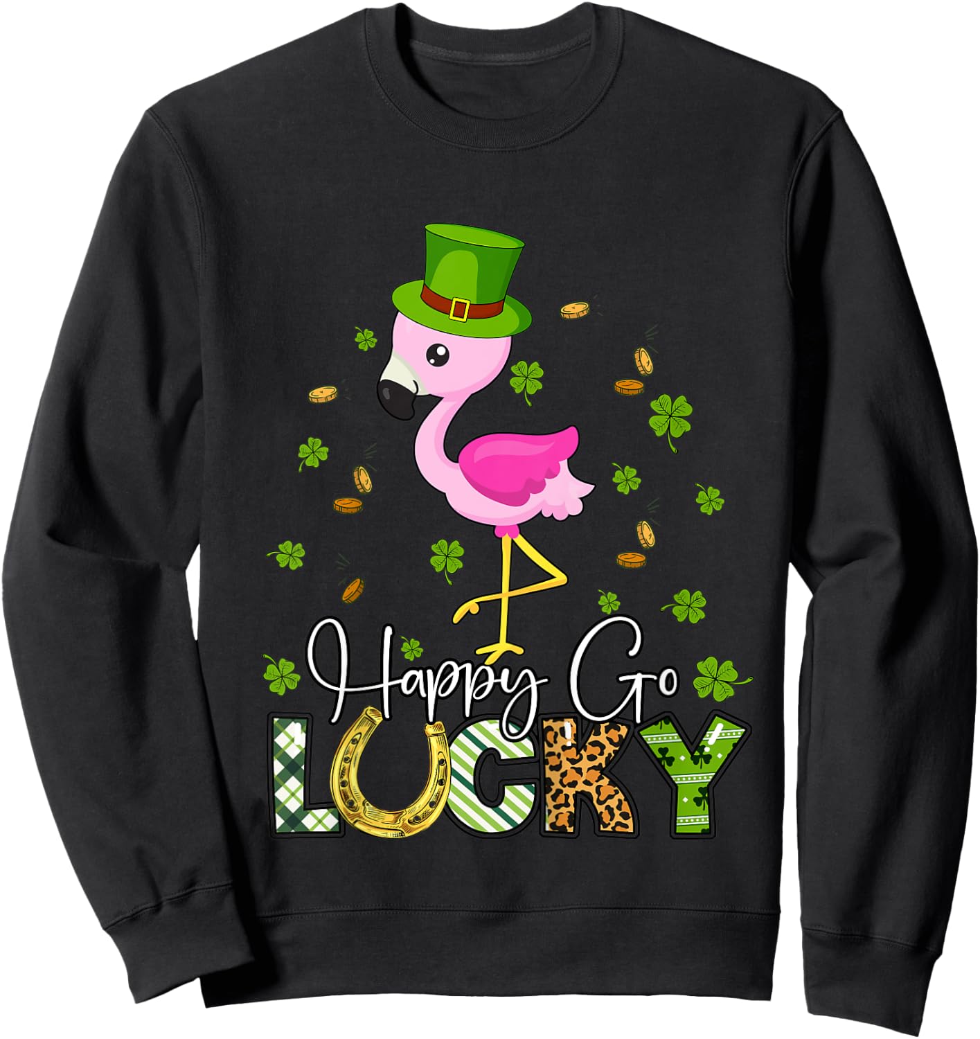 Kids Girls St Patricks Day Flamingo Shirt Happy Go Lucky Toddler Sweatshirt - Sweatshirt | Black
