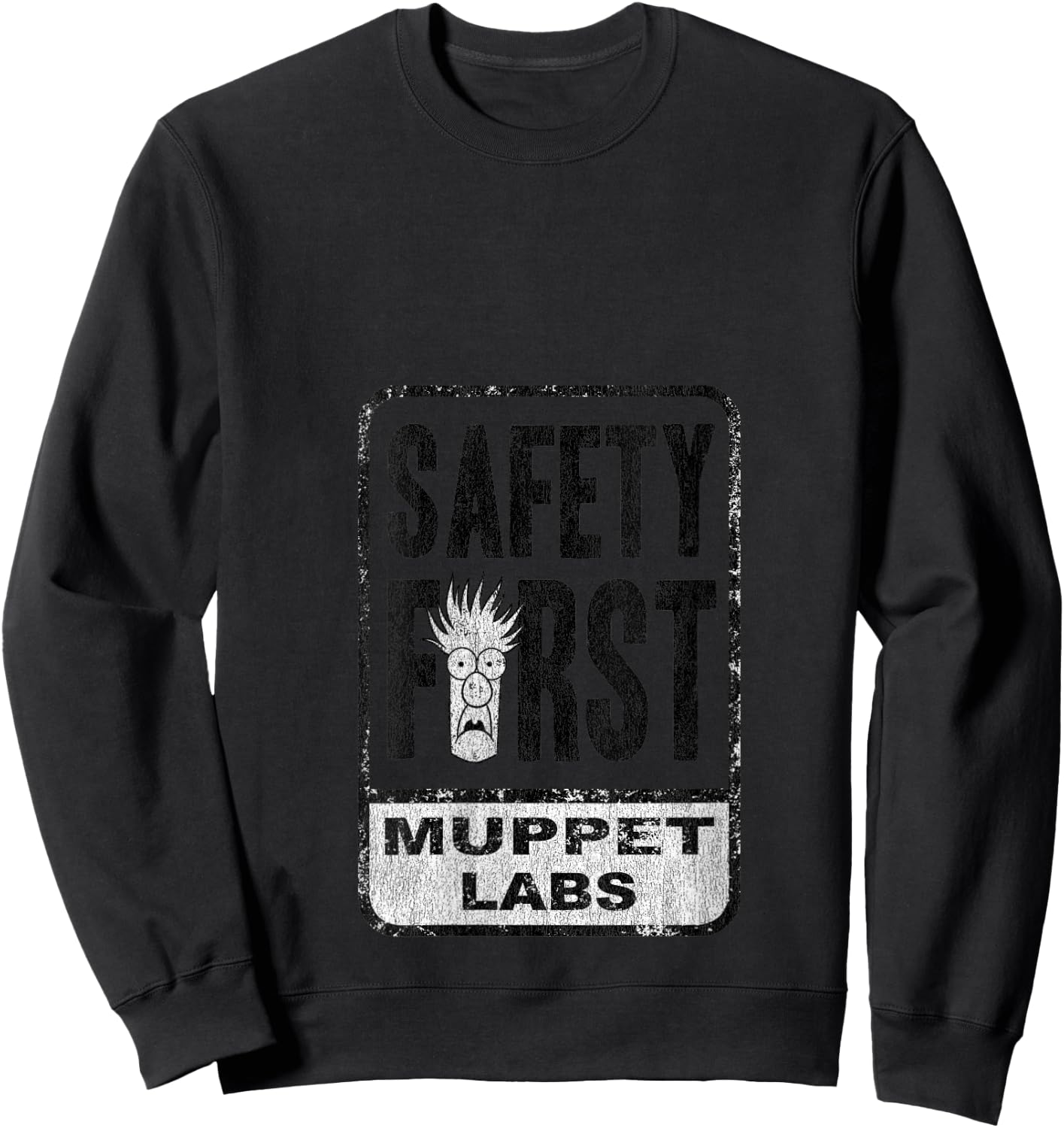 Disney The Muppets Safety First Sign Beaker Distressed V-Neck Sweatshirt - Sweatshirt | Black