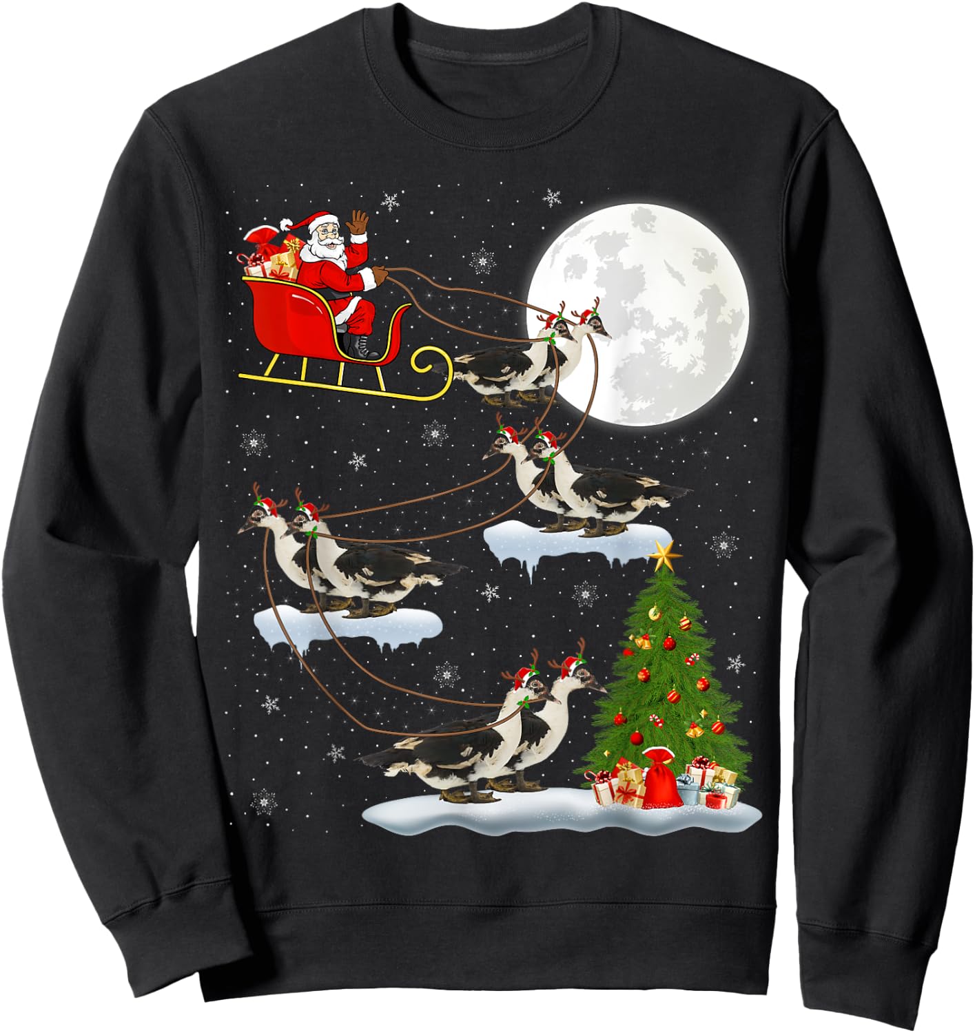 Xmas Tree Lighting Santa Riding Muscovy Duck Christmas Sweatshirt - Sweatshirt | Black