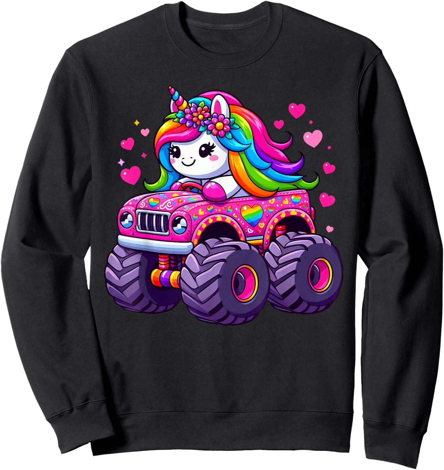 Cute Unicorn Riding A Pink Monster Truck Lovers Girls Sweatshirt - Sweatshirt | Black