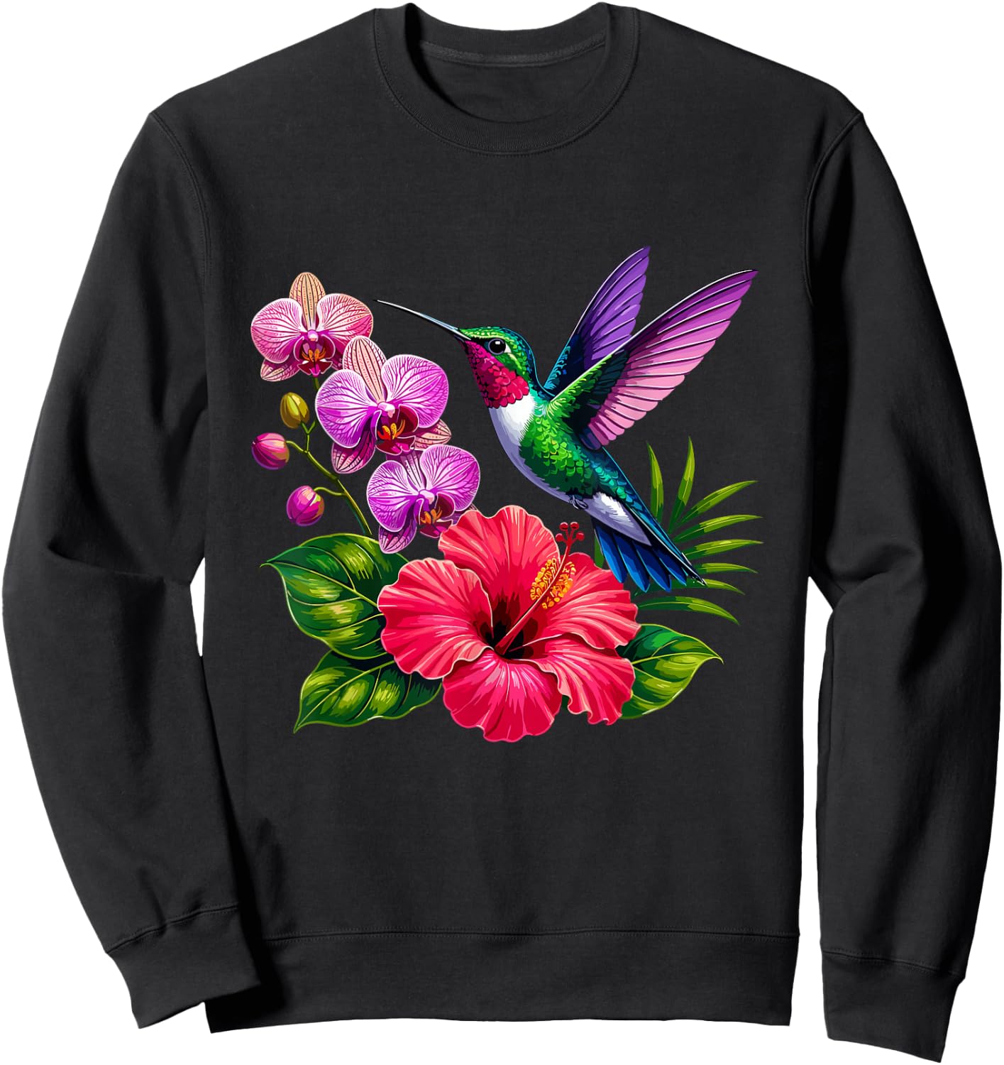 Hummingbird with Hibiscus and Orchid Flowers Sweatshirt - Sweatshirt | Black