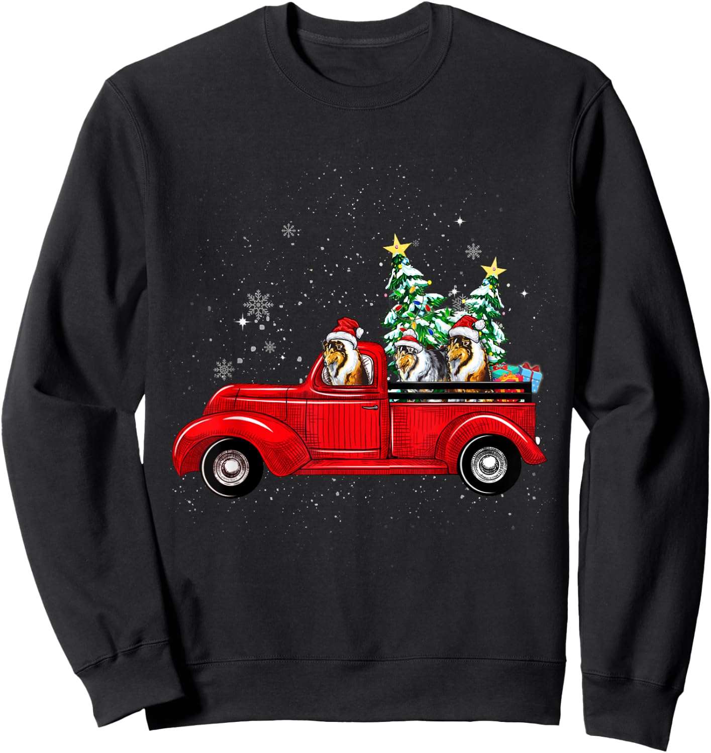 Rough Collie Dog Driving Xmas Truck Christmas Tree Lights Women Kids Sweatshirt - Sweatshirt | Black