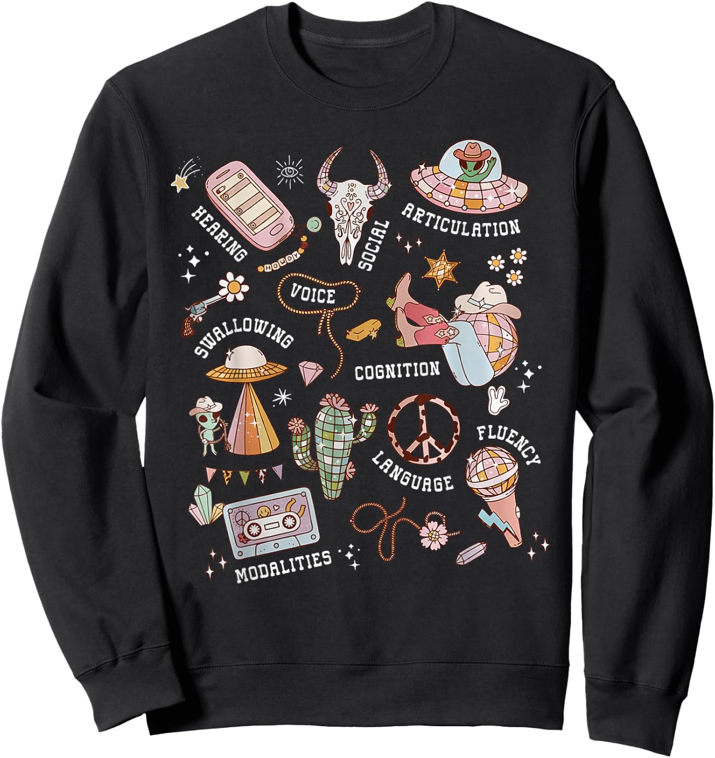 Retro SLP Western Cowgirl Space Speech Therapy UFO SLP Sweatshirt - Sweatshirt | Black