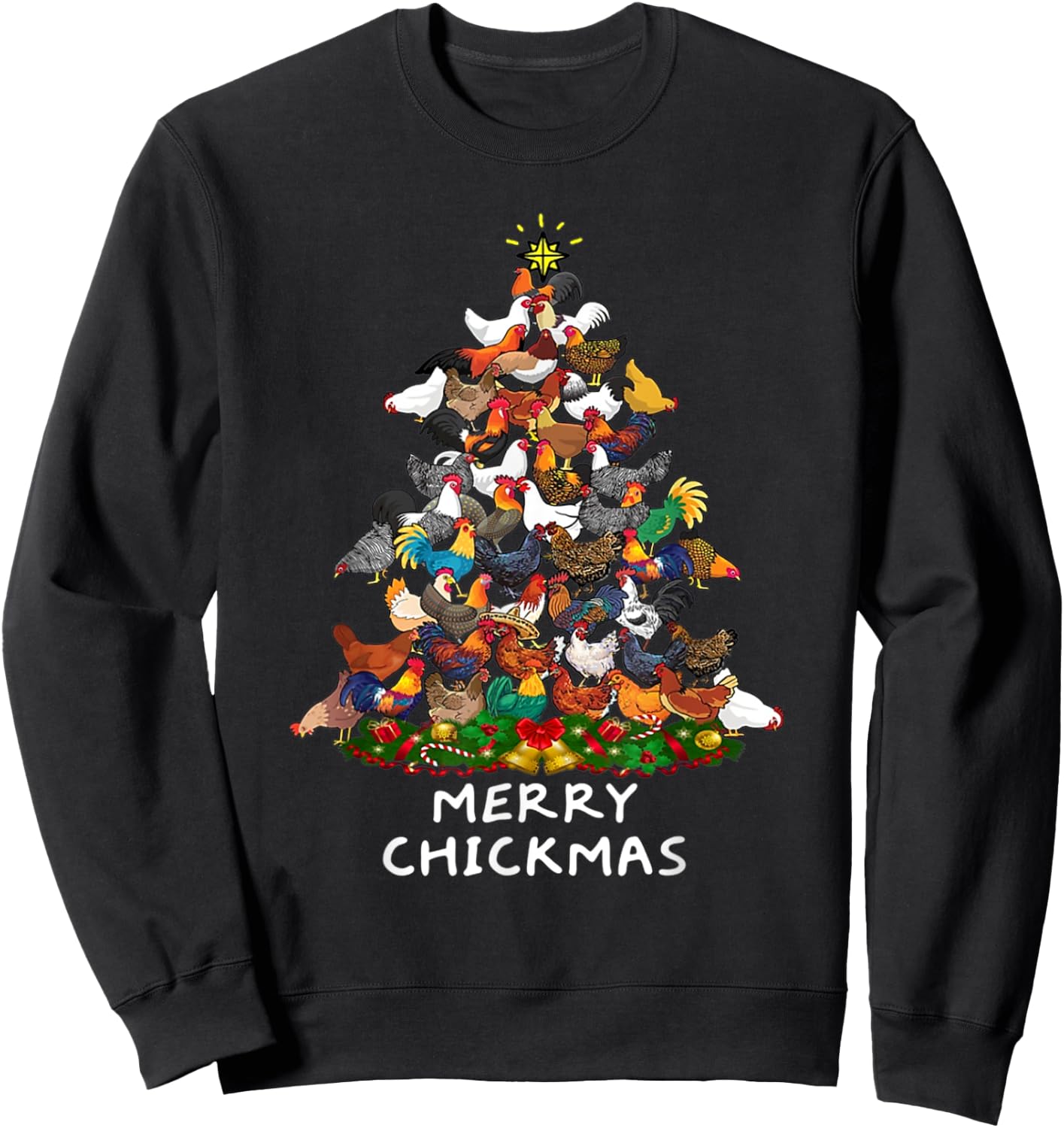 Merry Chickmas Chicken Christmas Tree Rooster Xmas Tree Sweatshirt - Sweatshirt | Black