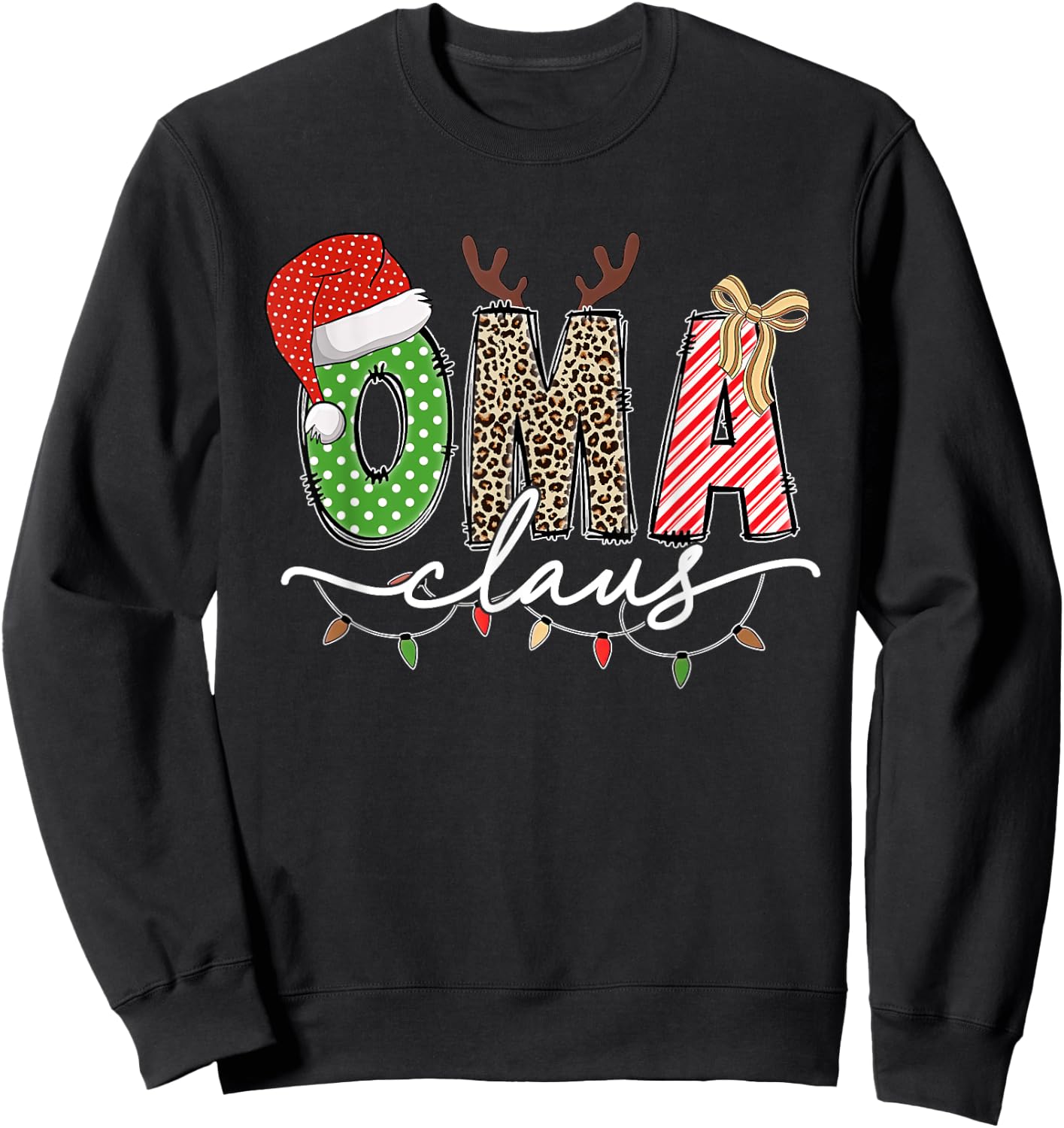Oma Claus Christmas Lights And Reindeer Santa Hat Grandma Sweatshirt - Sweatshirt | Black