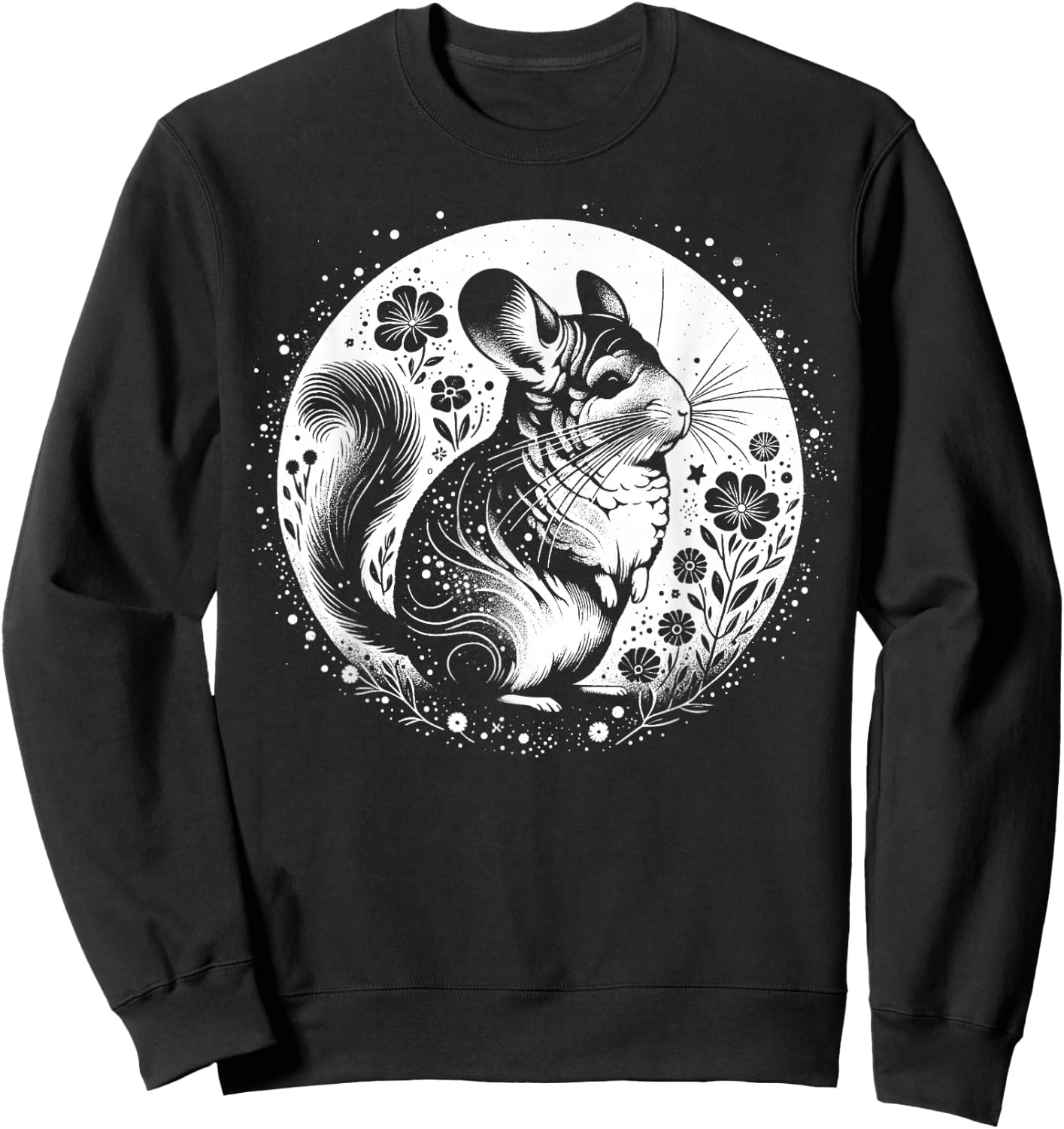 Kunstvoller Chinchilla mit Mond und Blumen Sweatshirt - Sweatshirt | Black