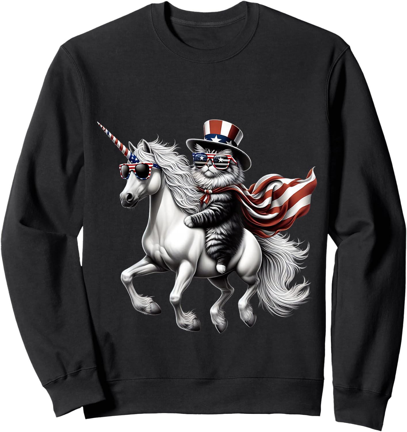 Cat riding Unicorn usa flag Patriotic 4th of July Sweatshirt - Sweatshirt | Black