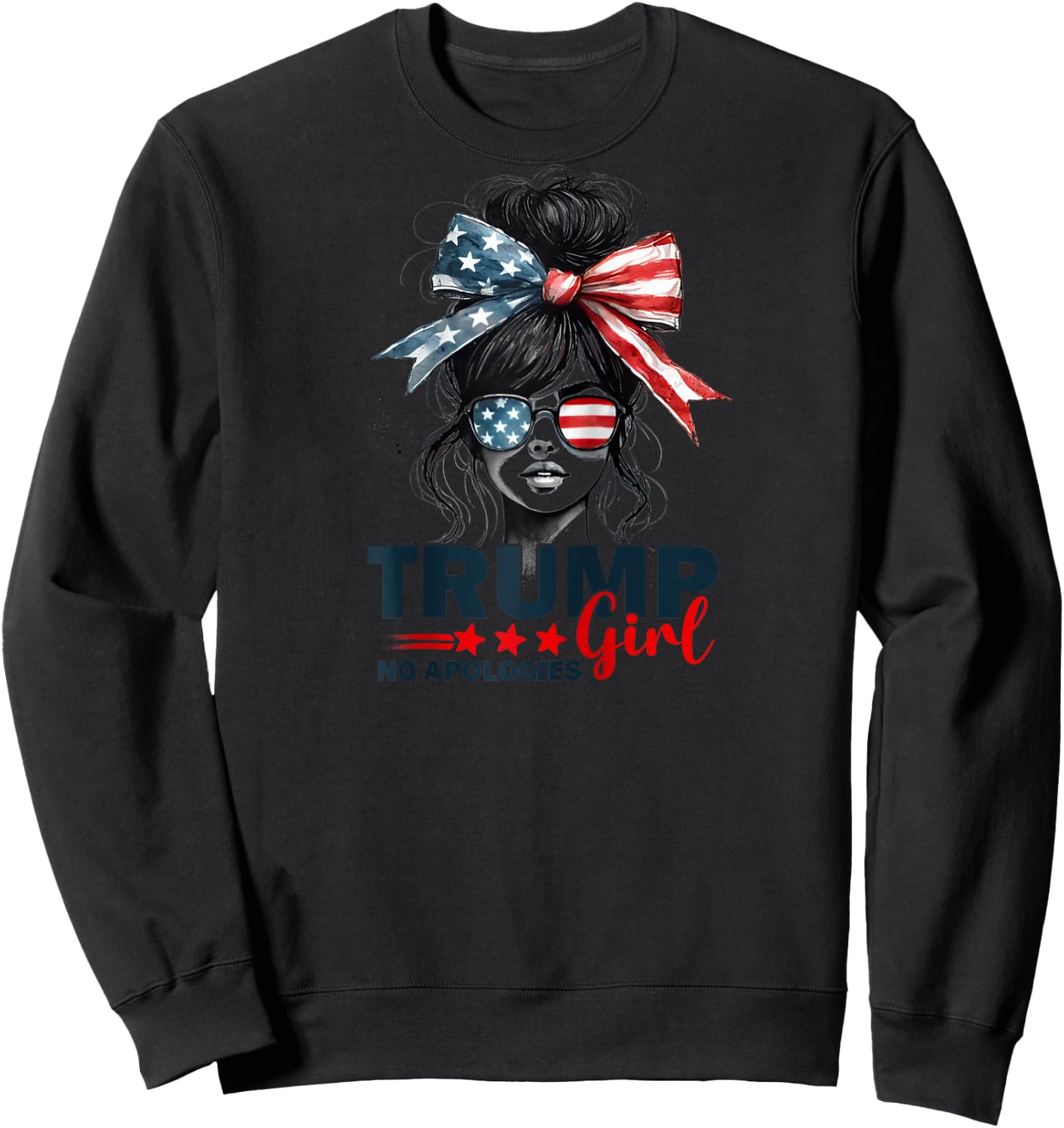 Trump Girl No Apologies Messy Bun Sunglasses Trump 2024 USA Raglan Baseball Sweatshirt - Sweatshirt | Black