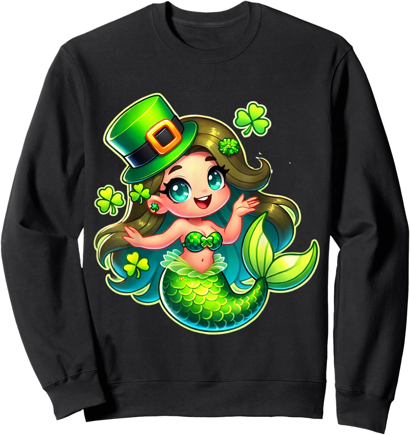St. Patricks Day Mermaid Leprechaun Men Women Kids Sweatshirt - Sweatshirt | Black