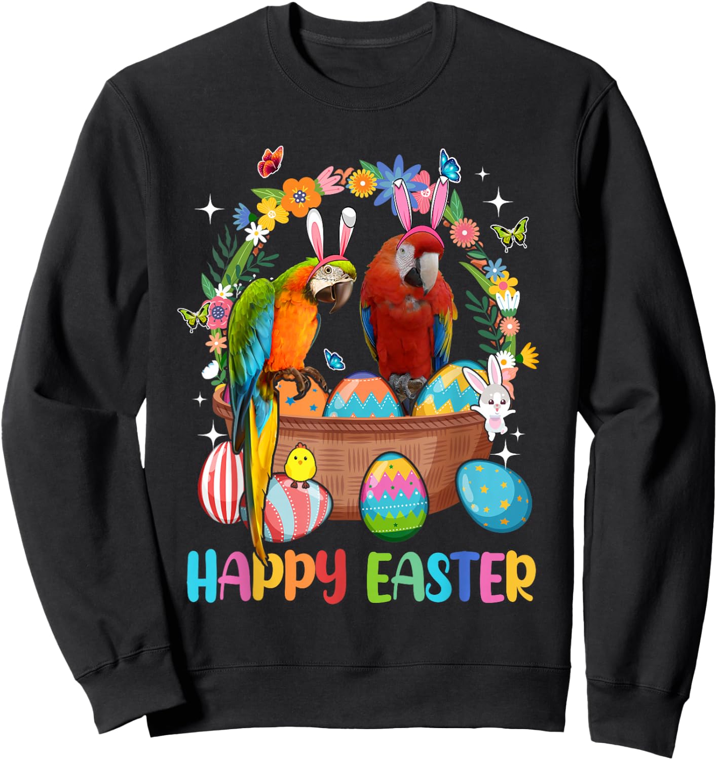 Happy Easter Three Cute Bunny Parrots In Eggs Basket Lover Sweatshirt - Sweatshirt | Black