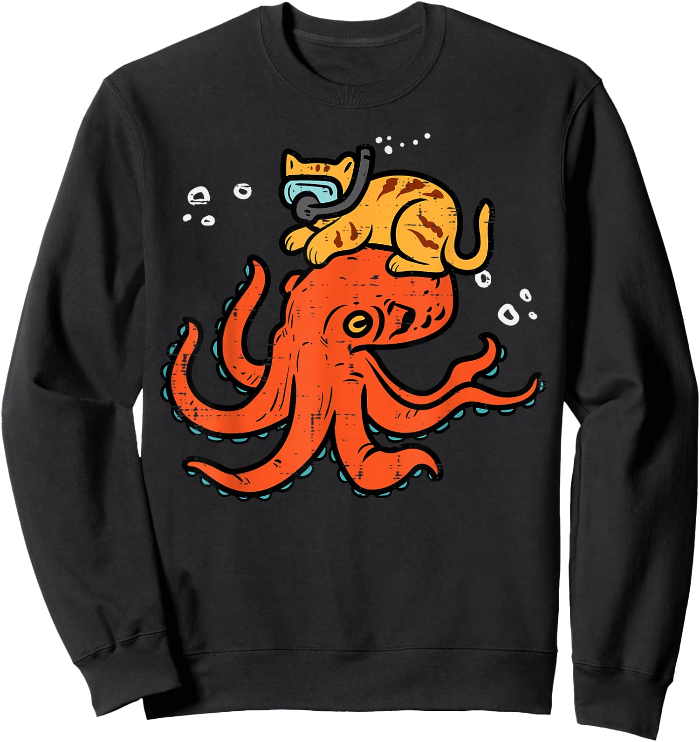 Snorkling Cat On Octopus Cute Kitten Pet Women Girls Kids Sweatshirt - Sweatshirt | Black