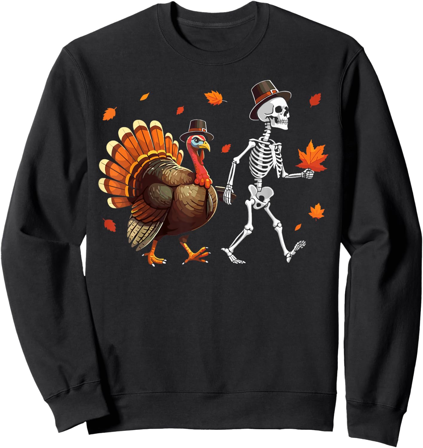 Skeleton Turkey pilgrim thanksgiving pumpkin fall kids Sweatshirt - Sweatshirt | Black
