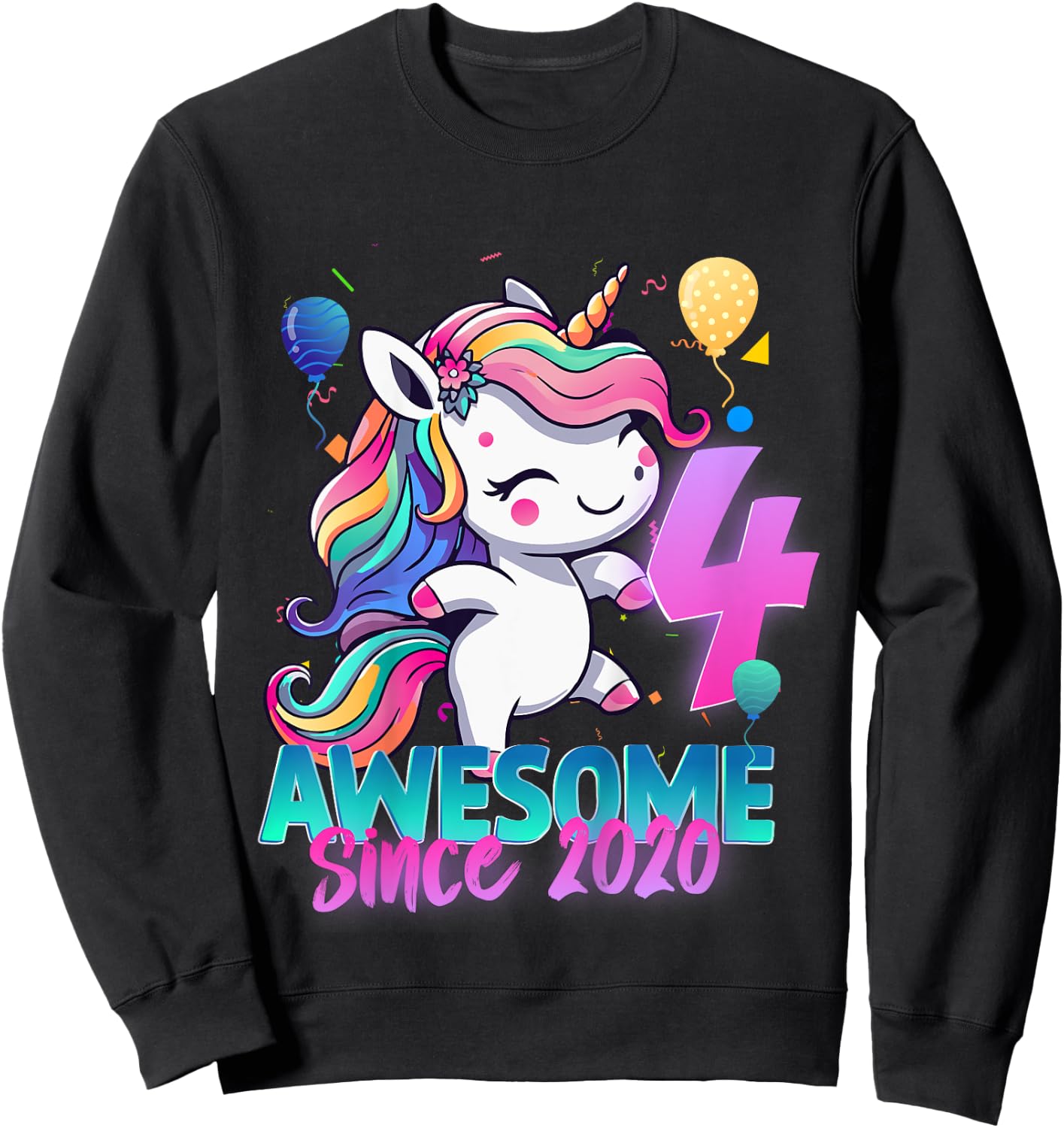 Kids 4th Birthday Girl Awesome Since 2020 4 Years Old Unicorn Sweatshirt - Sweatshirt | Black