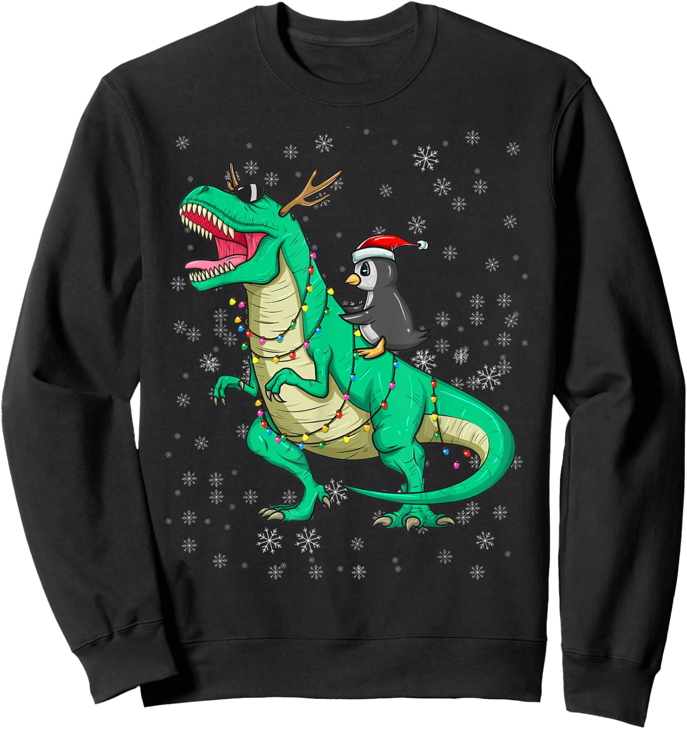 Christmas Penguin Riding Dinosaur T Rex Holiday Costume Fun Sweatshirt - Sweatshirt | Black
