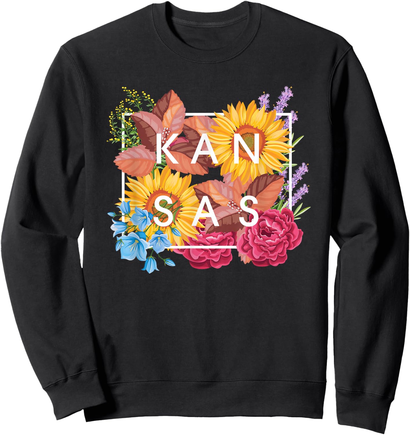Flowers of Kansas Word Art - Kansan State Souvenir Sweatshirt - Sweatshirt | Black