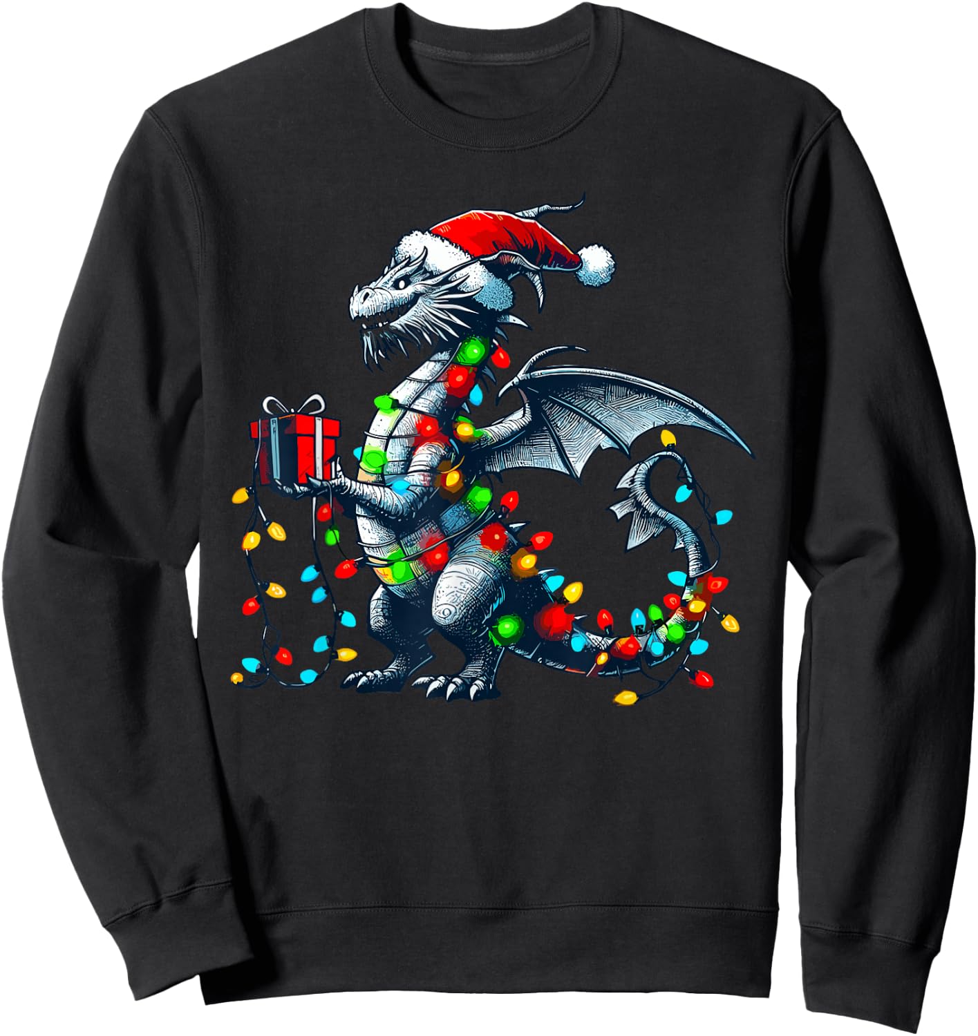 Dragon Wearing Santa Claus Hat Holding A Present Box Xmas Sweatshirt - Sweatshirt | Black