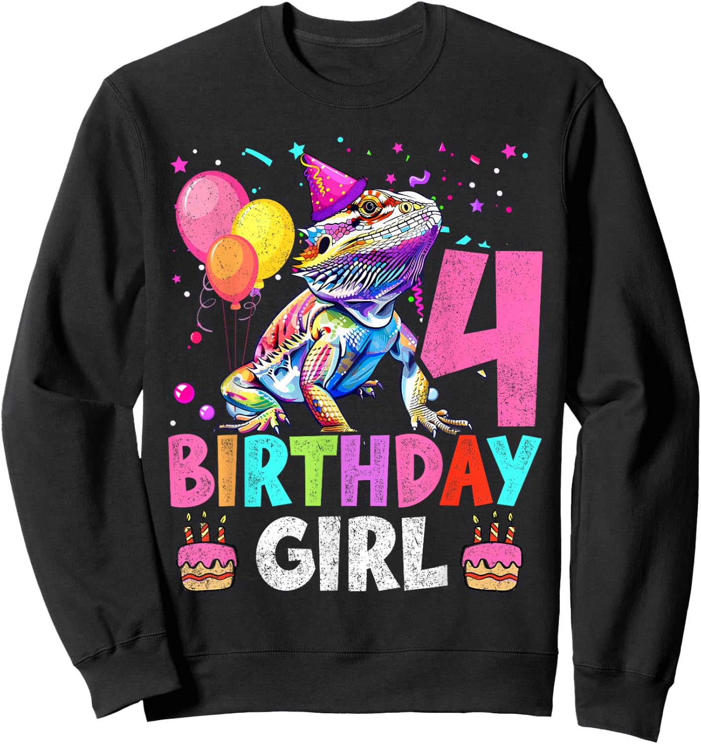 4th Birthday Girl Bearded Dragon 4 Years Old Bday Party Sweatshirt - Sweatshirt | Black