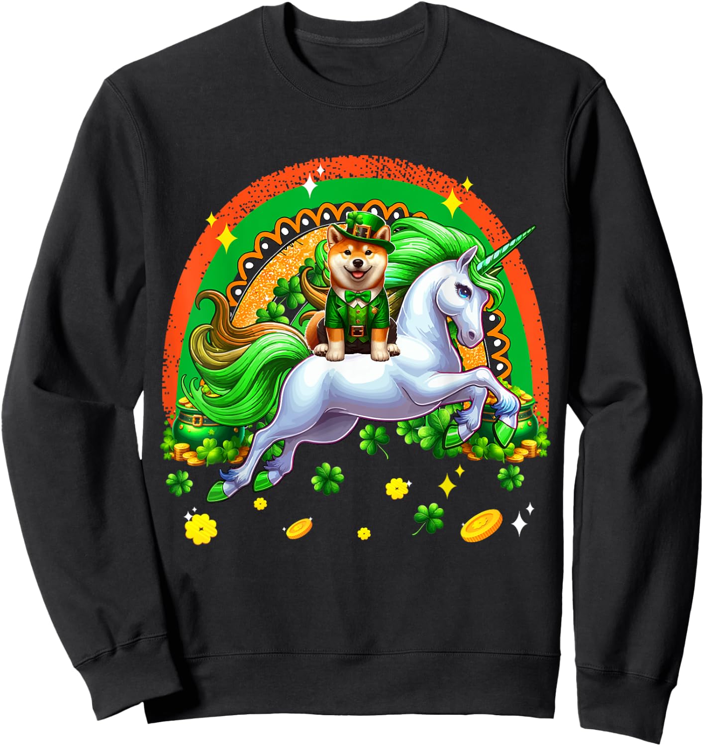 Patrick's Day Shiba Inu Riding Unicorn Shamrocks Rainbow Sweatshirt - Sweatshirt | Black