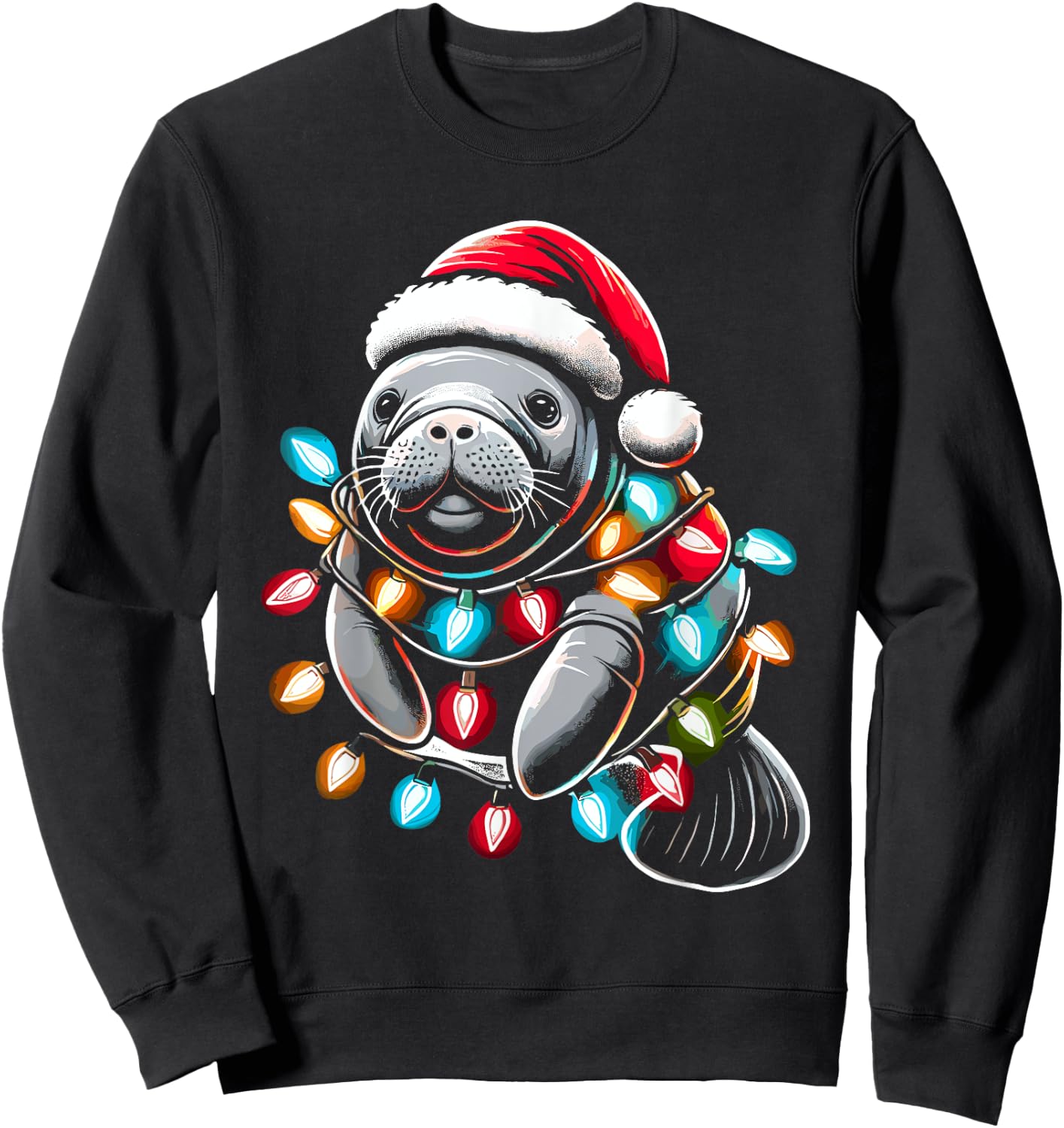 Manatee Santa Hat Christmas Lights Pajama Funny Xmas Sweatshirt - Sweatshirt | Black