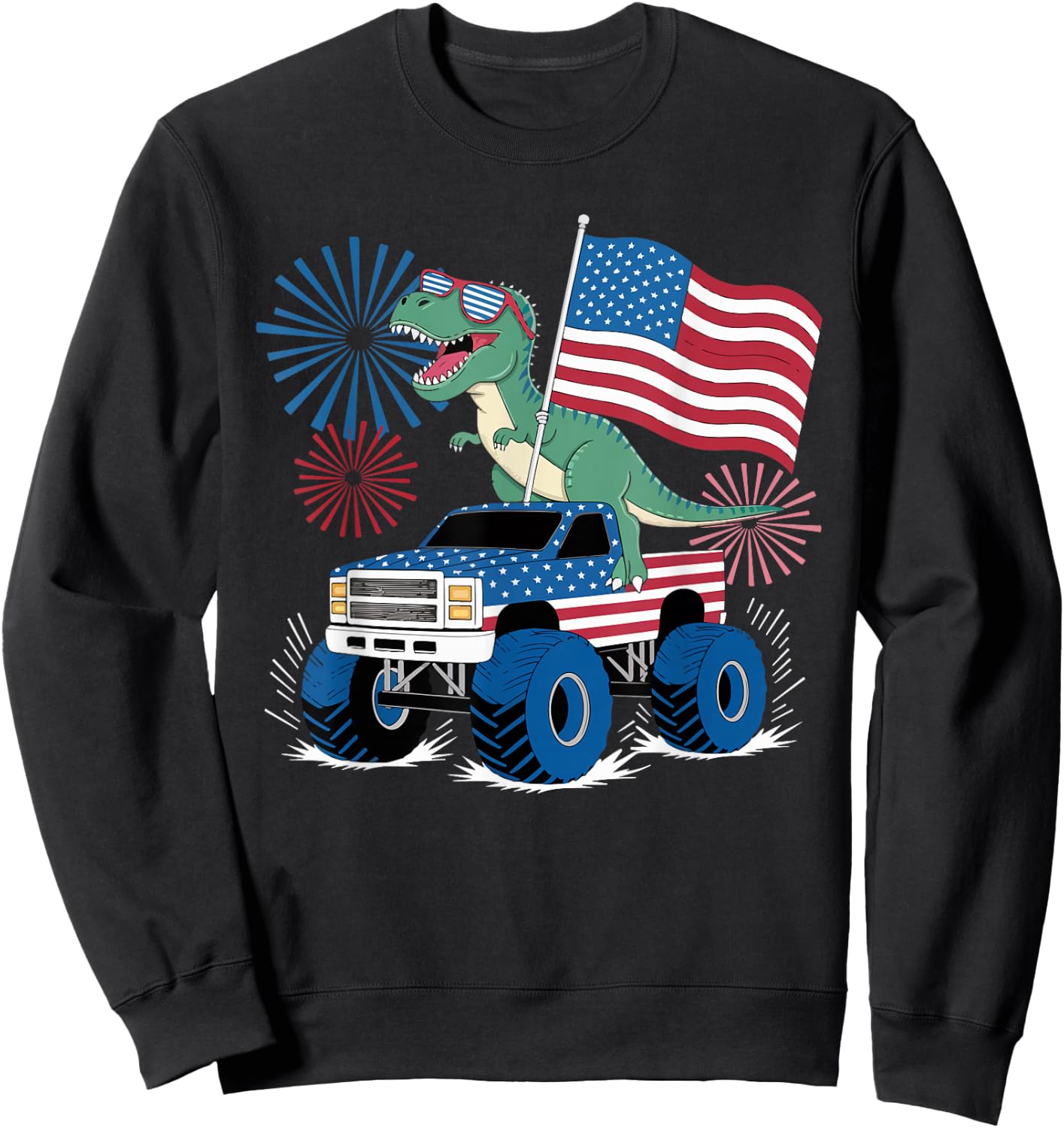 Dinosaur 4th Of July T Rex Dinosaur Truck Dino Sweatshirt - Sweatshirt | Black