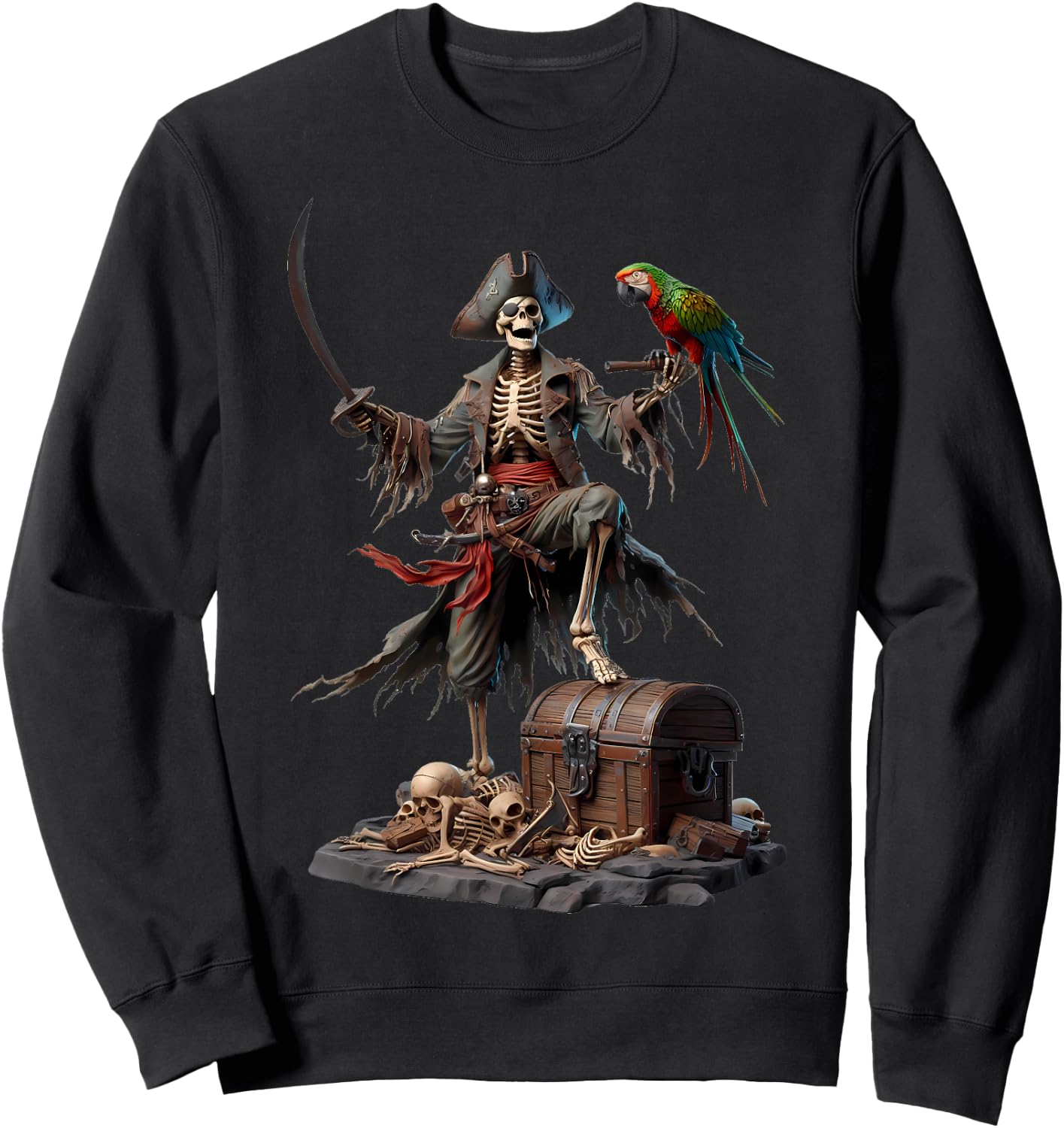 Skeleton Pirate Treasure Chest Parrot Ghostly Skull Sweatshirt - Sweatshirt | Black
