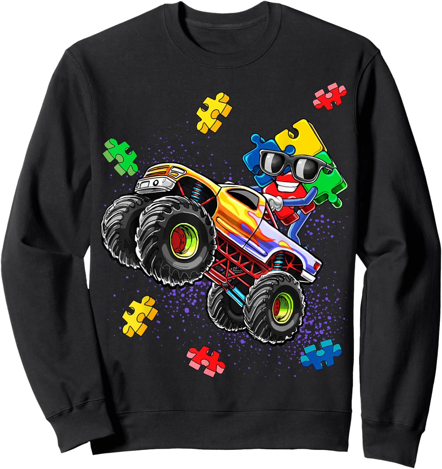 Monster Truck Autism Awareness Puzzle Piece Gift Boys Sweatshirt - Sweatshirt | Black