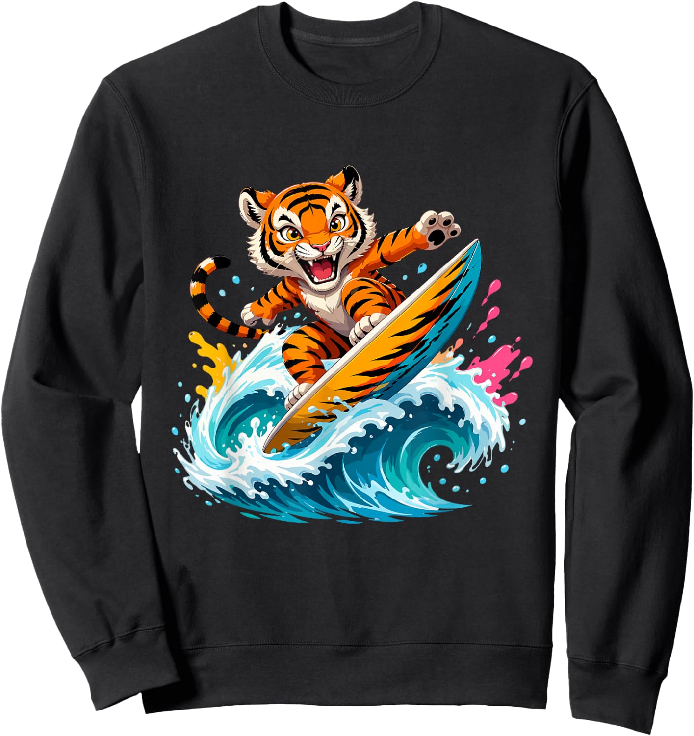 Cartoon Tiger Surfer Riding Big Ocean Wave Sweatshirt - Sweatshirt | Black