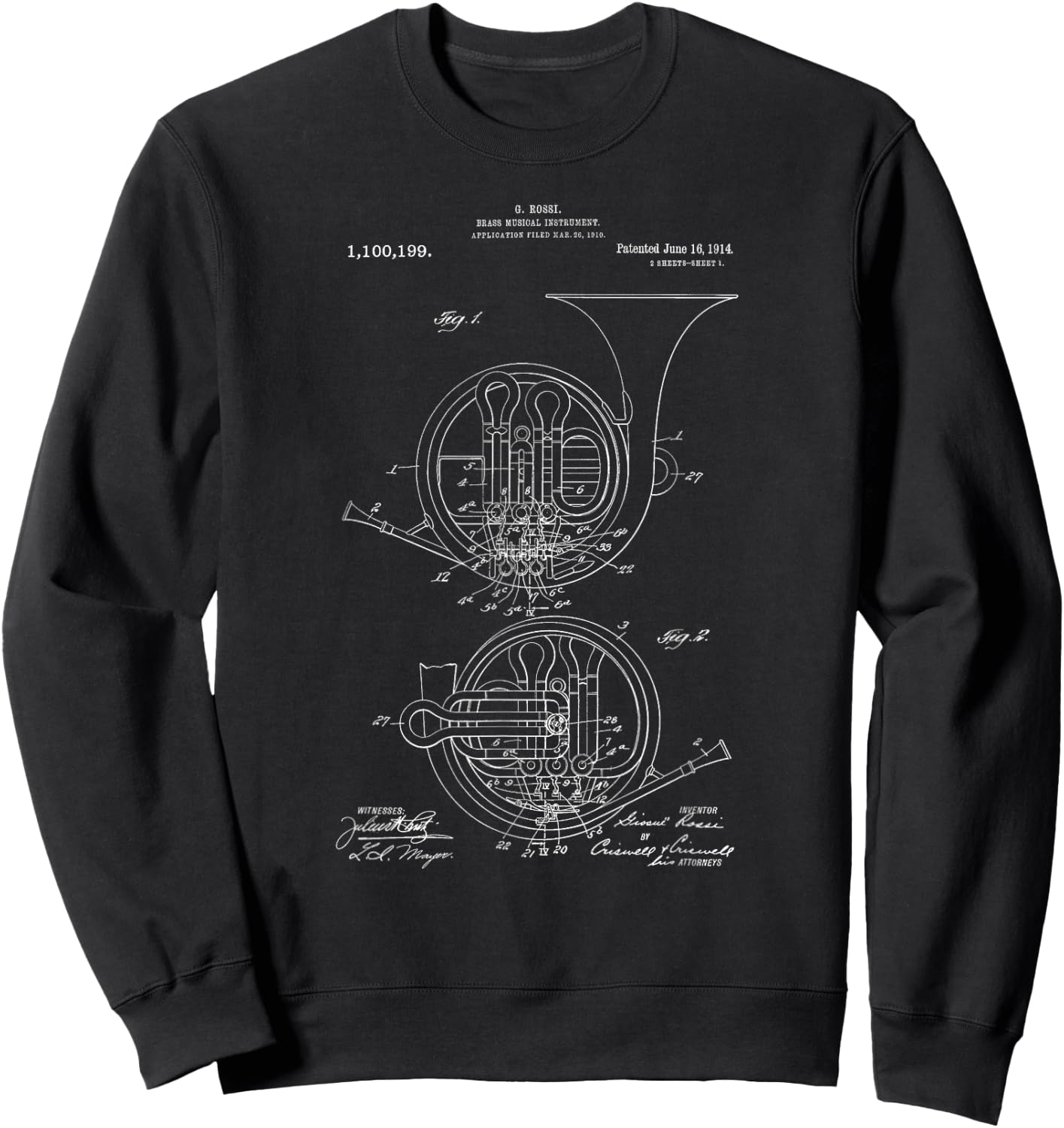 Vintage Patent Print 1914 French Horn Player Sweatshirt - Sweatshirt | Black