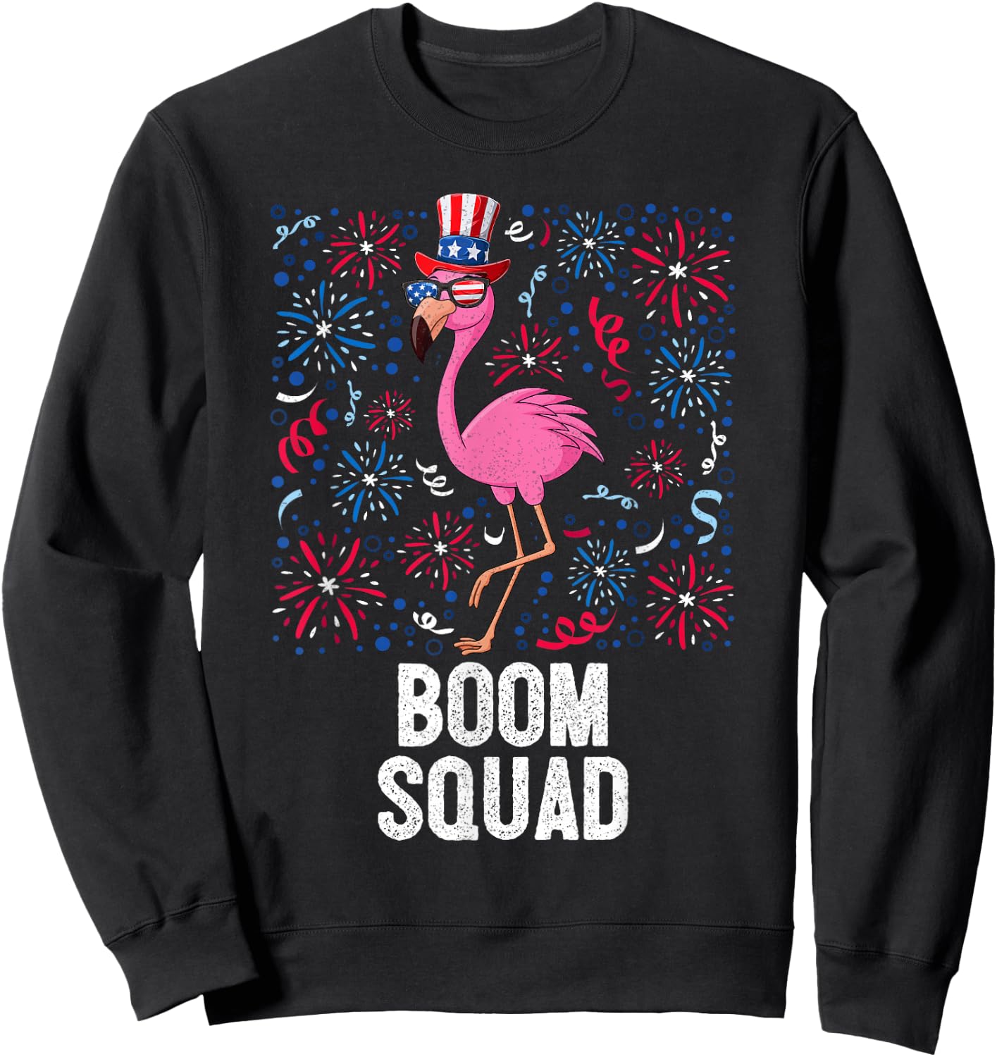 4th Of July Boom Squad Flamingo US Flag Patriotic Fireworks Sweatshirt - Sweatshirt | Black