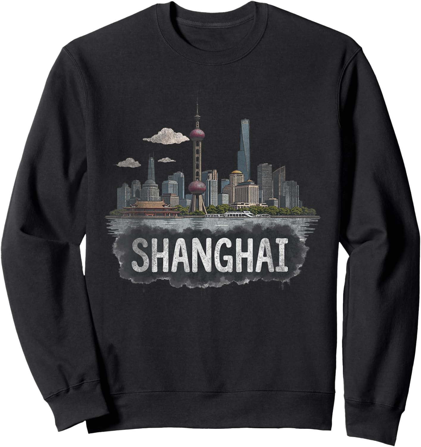 Retro Souvenir Shanghai Landscape , Black, S Sweatshirt - Sweatshirt | Black