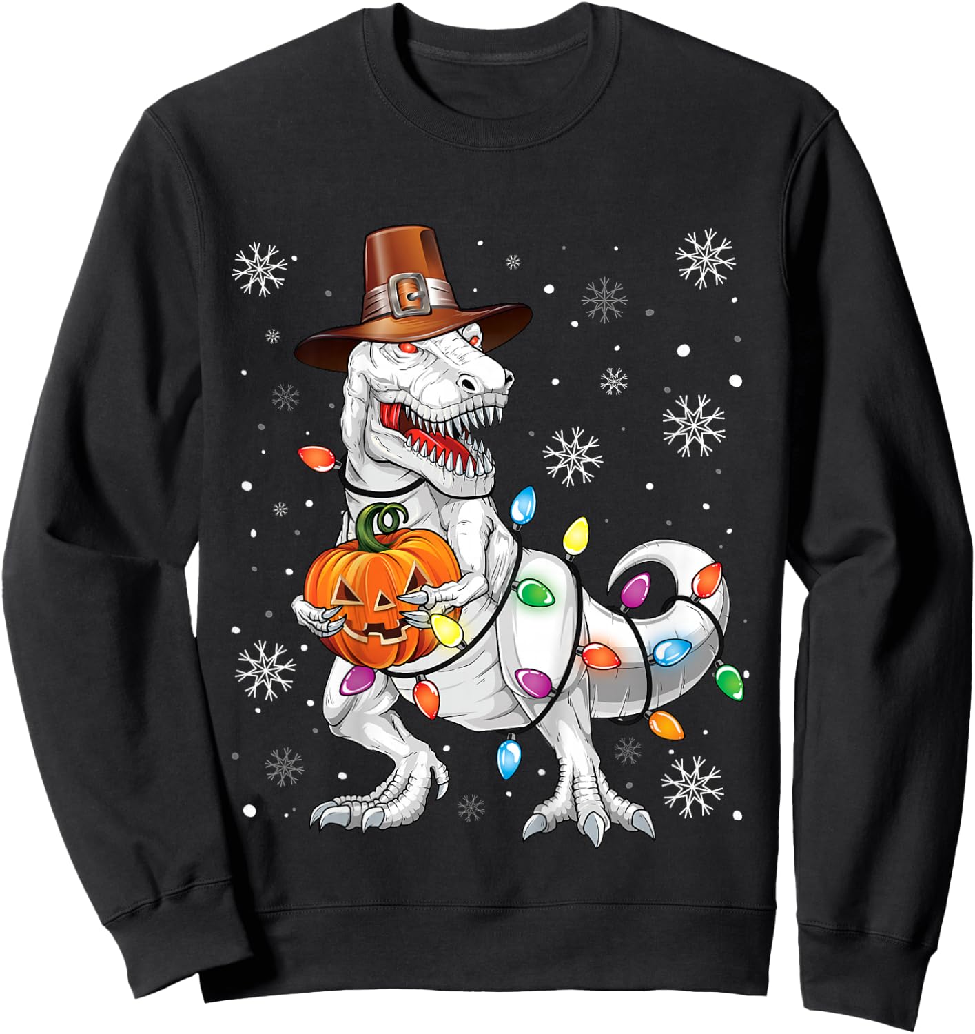 Kids Halloween Thanksgiving Christmas Hallothanksmas Dinosaur Sweatshirt - Sweatshirt | Black