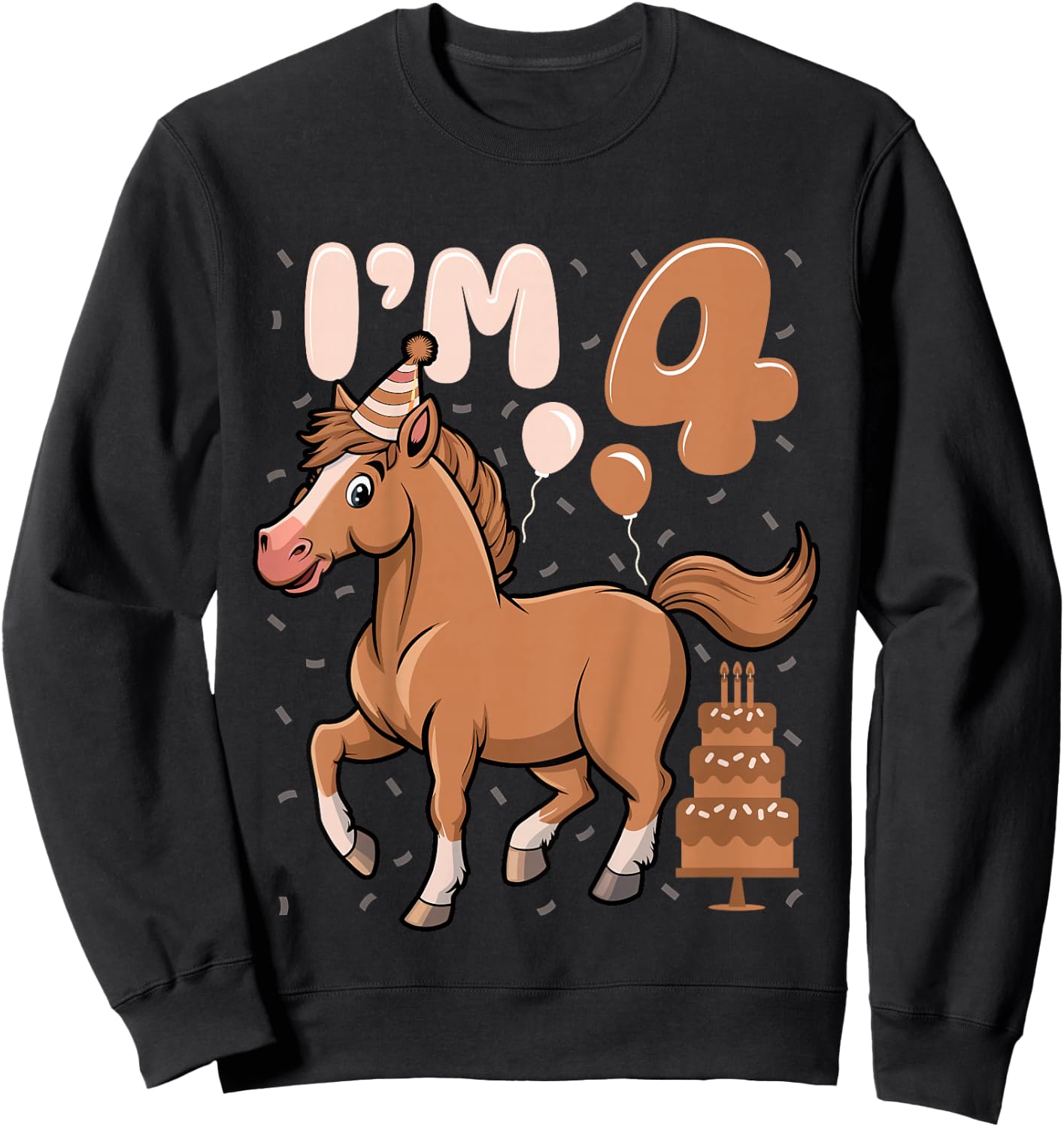 Kids I'm 4 Cute Horse Kids Four Years Old 4th Birthday Party Sweatshirt - Sweatshirt | Black