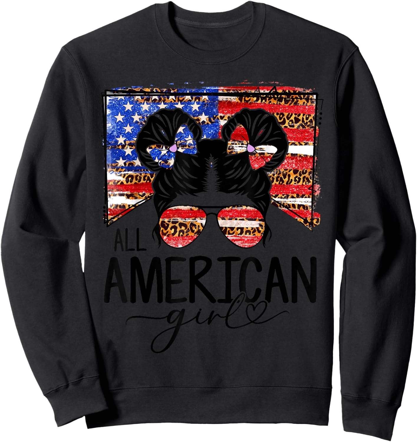 All American Girls 4th of July Messy Bun Leopard Patriotic Sweatshirt - Sweatshirt | Black