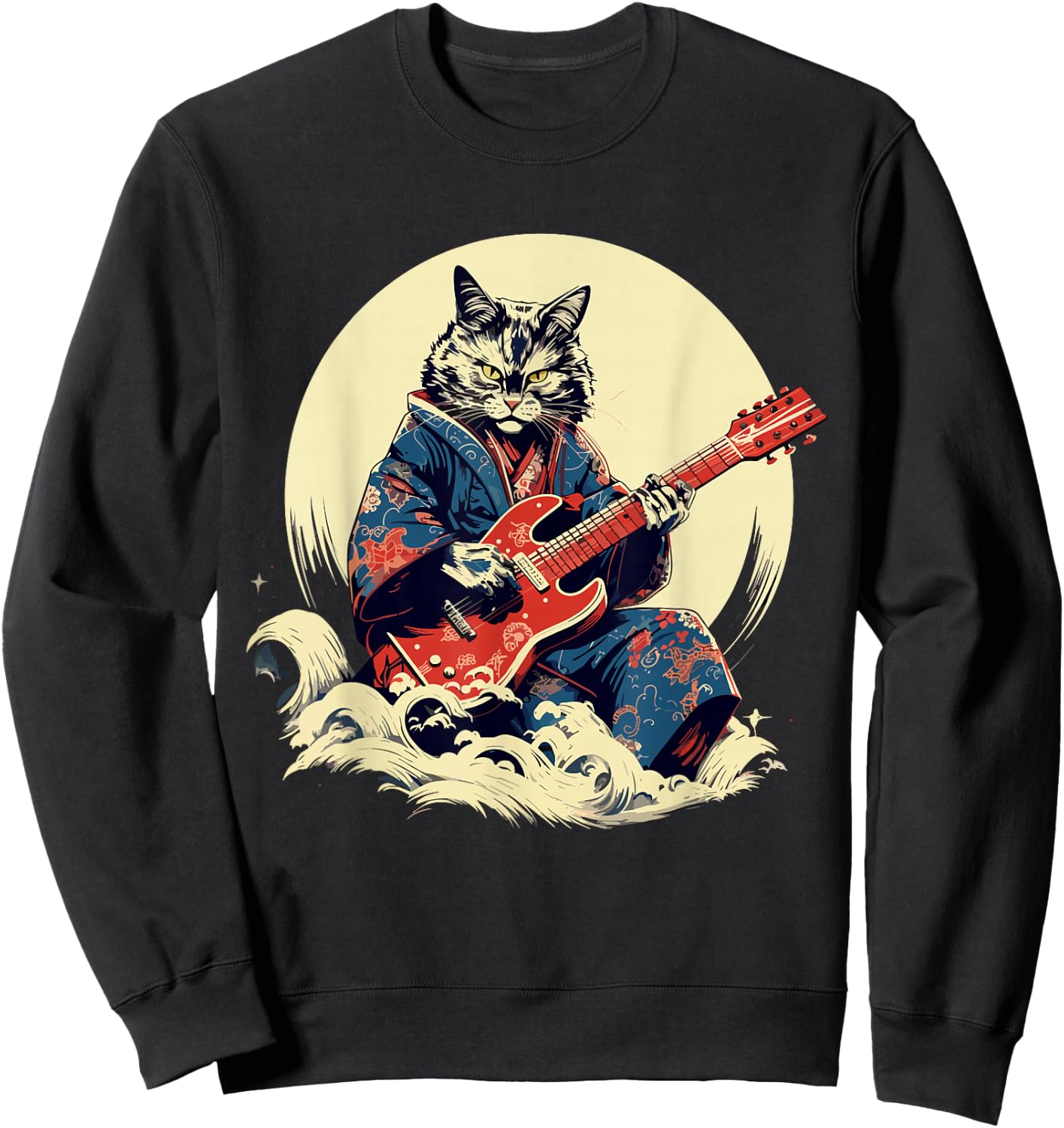 Japanese Samurai Cat Playing Electric Guitar , Black, S Sweatshirt - Sweatshirt | Black