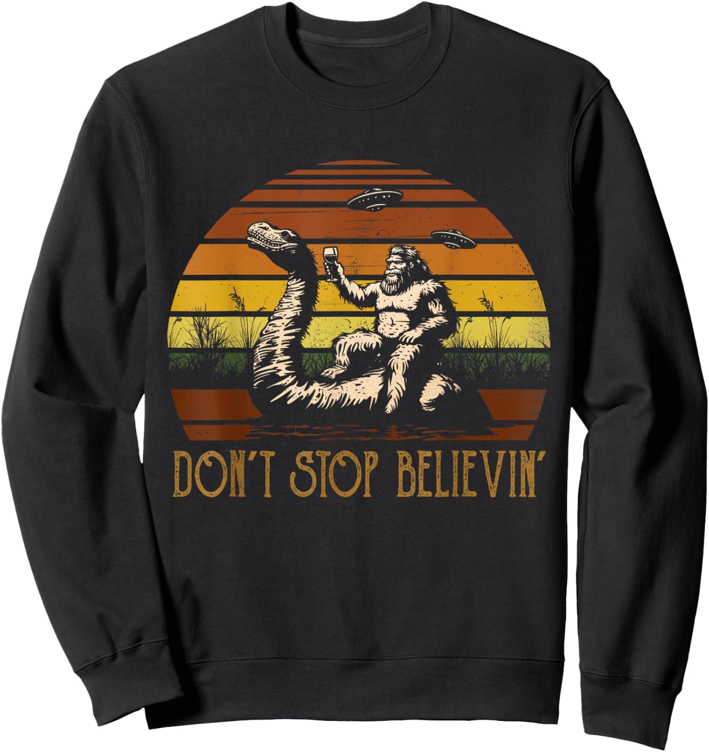Vintage Cute Animal Loch Ness Monster Don't Stop Believin' Sweatshirt - Sweatshirt | Black