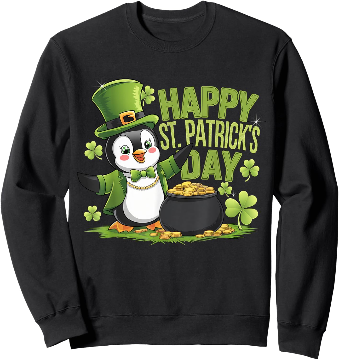 Happy St Patrick's Day Penguin with Pot of Gold Sweatshirt - Sweatshirt | Black